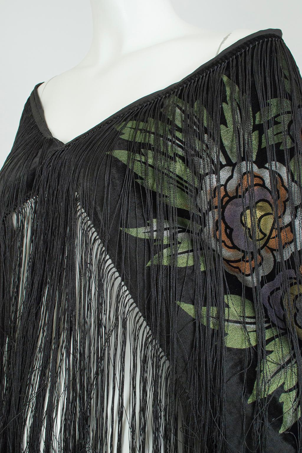 Fortuny-Inspired Painted Velvet Fringed Piano Shawl Wrap Stole–36” x 38”, 1920s For Sale 2