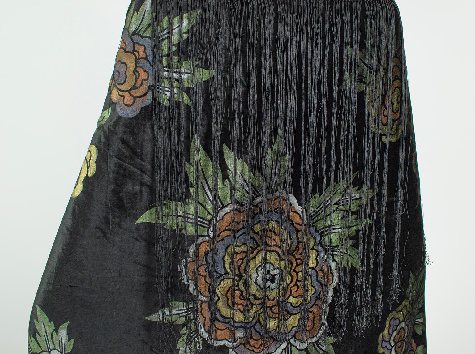 Fortuny-Inspired Painted Velvet Fringed Piano Shawl Wrap Stole–36” x 38”, 1920s For Sale 3