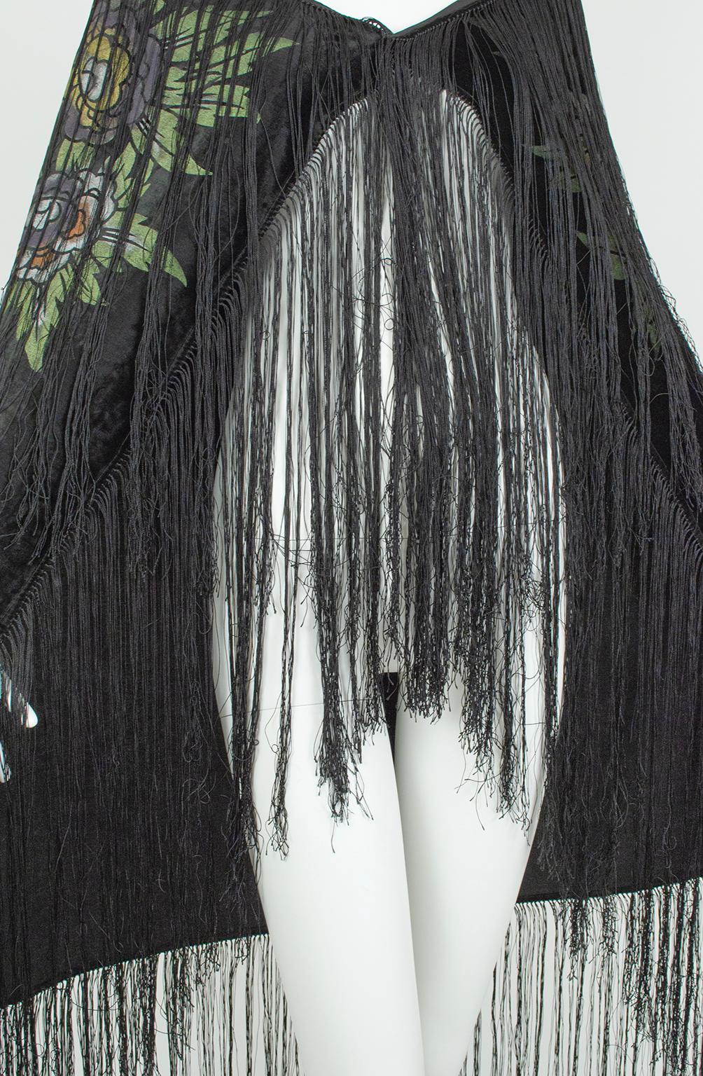Fortuny-Inspired Painted Velvet Fringed Piano Shawl Wrap Stole–36” x 38”, 1920s For Sale 4