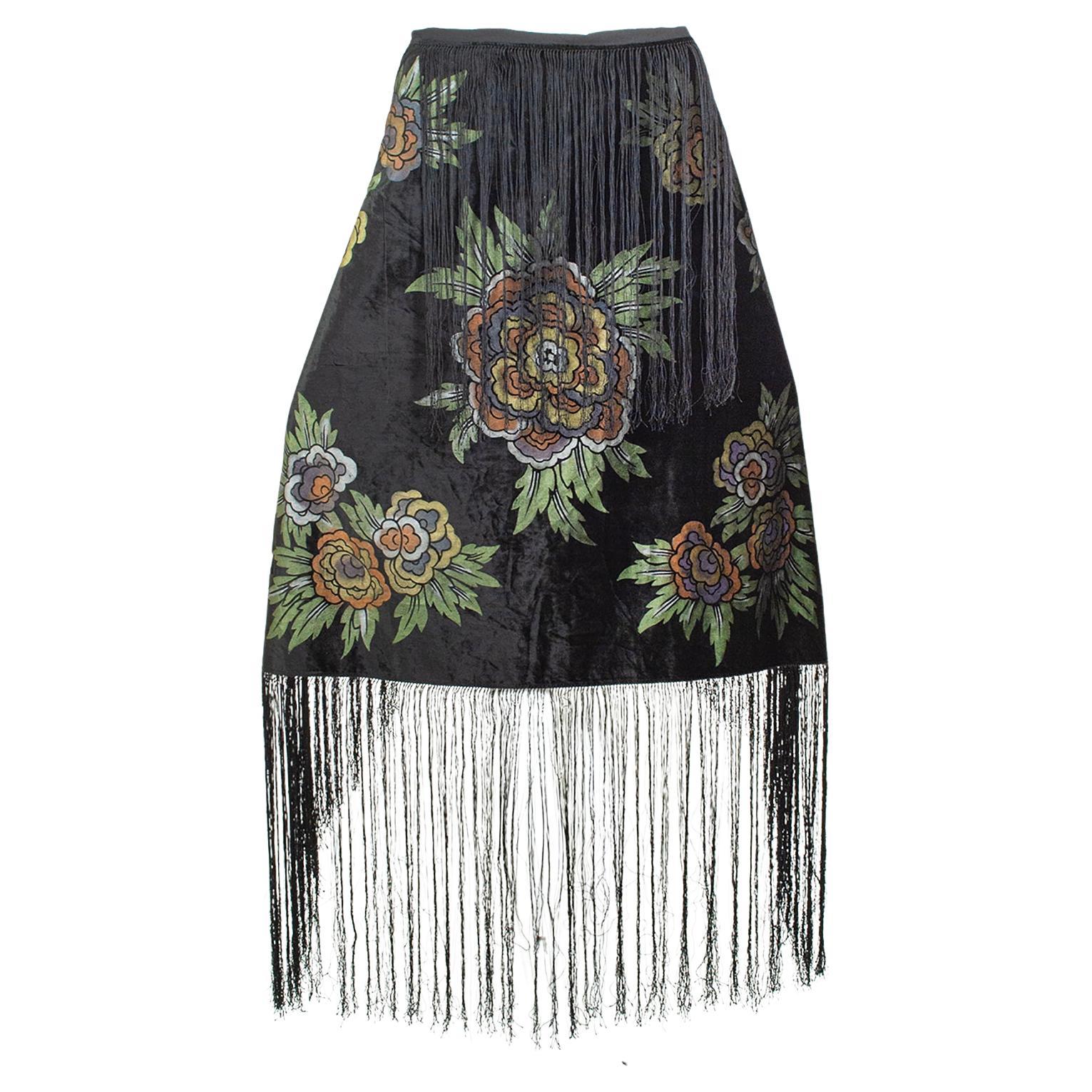 Fortuny-Inspired Painted Velvet Fringed Piano Shawl Wrap Stole–36” x 38”, 1920s For Sale