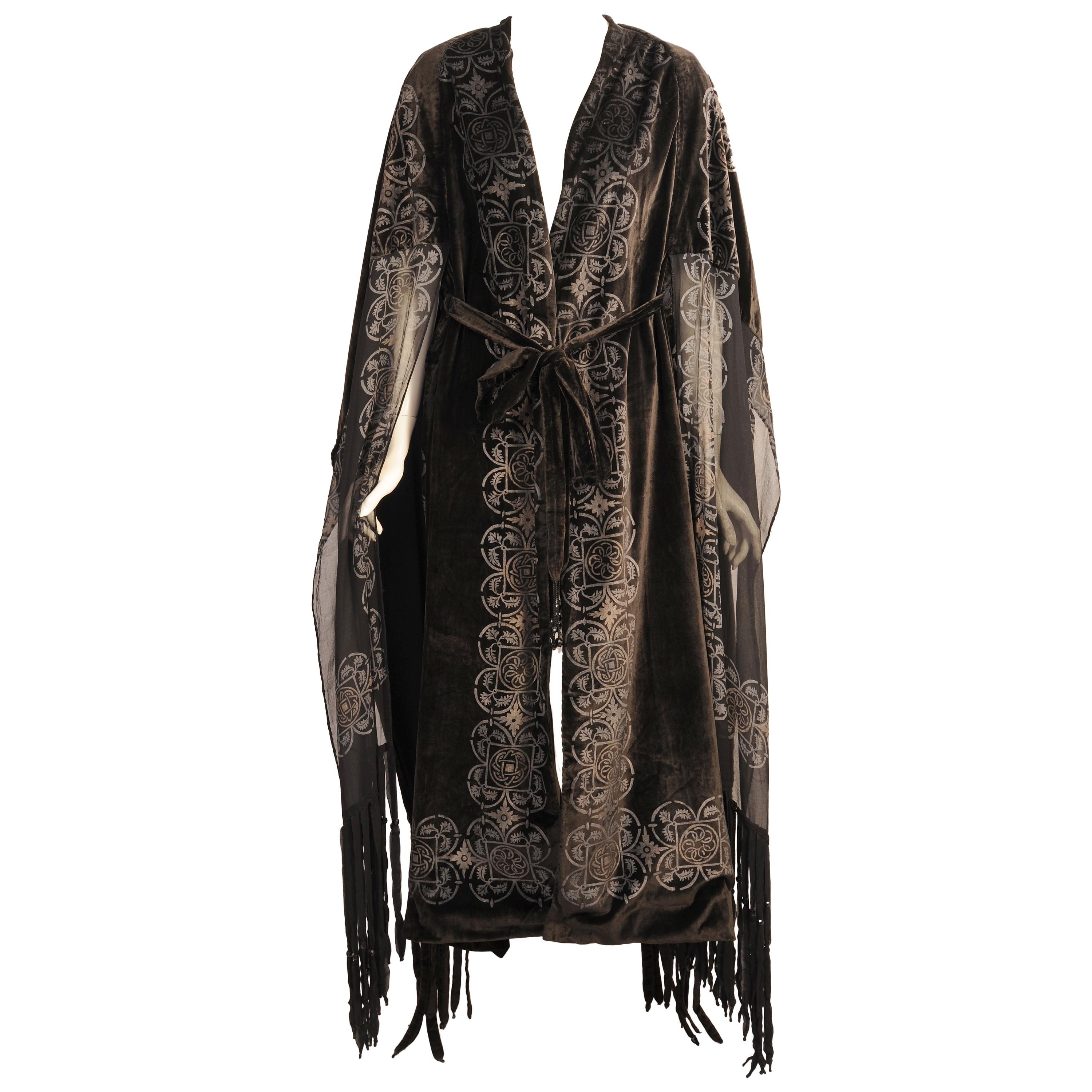 Maria Monica Gallenga Stenciled Silk Velvet & Silk Chiffon Coat with Beaded Trim
