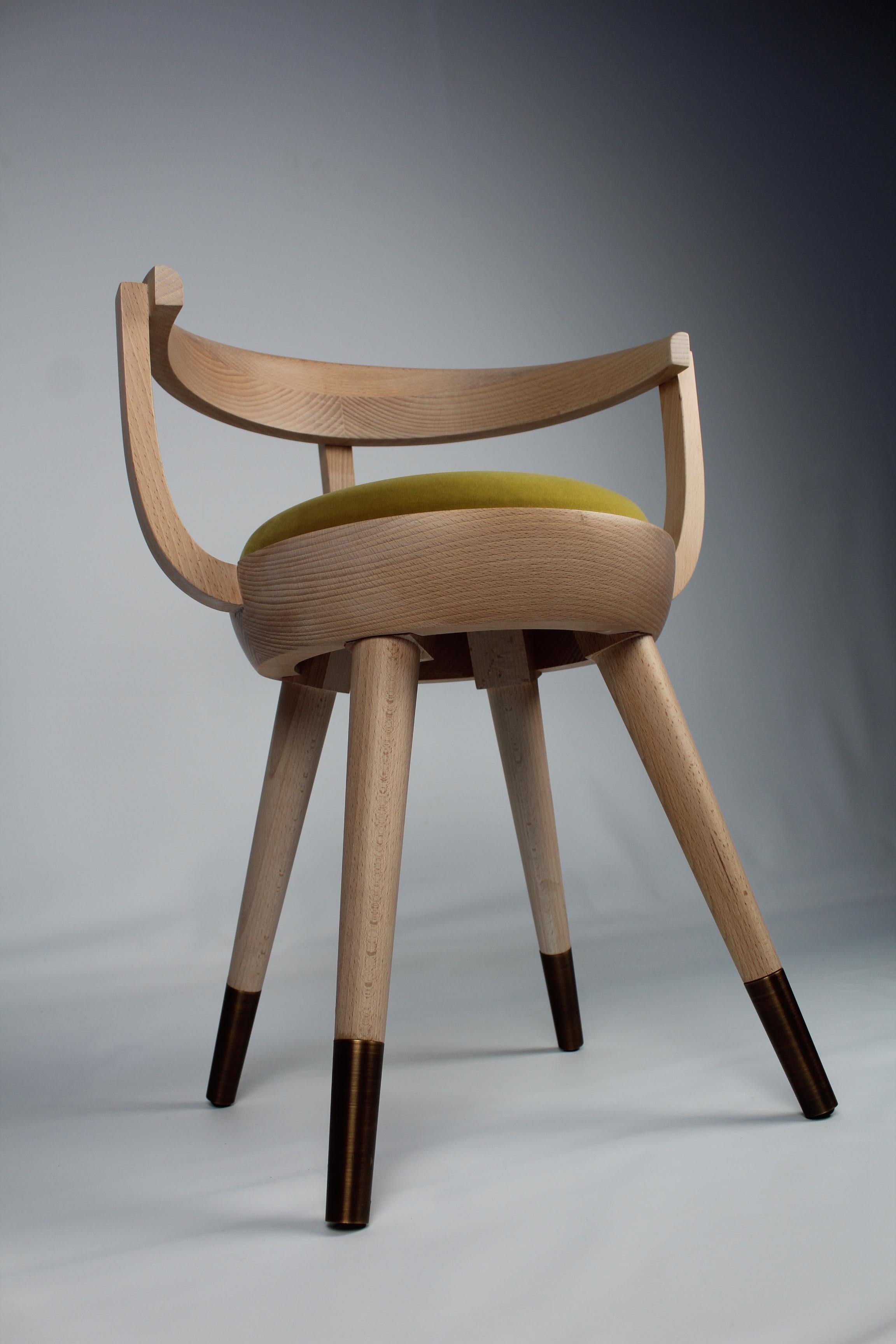 Textile Galleon Ochre Chair in Solid Wood with Padded Seat and Brushed Brass Tips For Sale