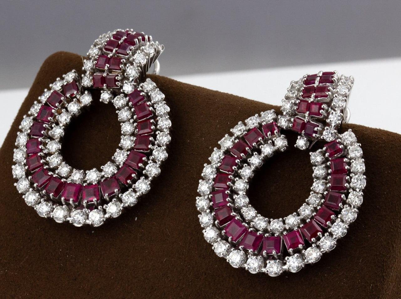 Galleria Cellini 18K White Gold Diamond & Ruby Earrings In New Condition For Sale In North Miami Beach, FL