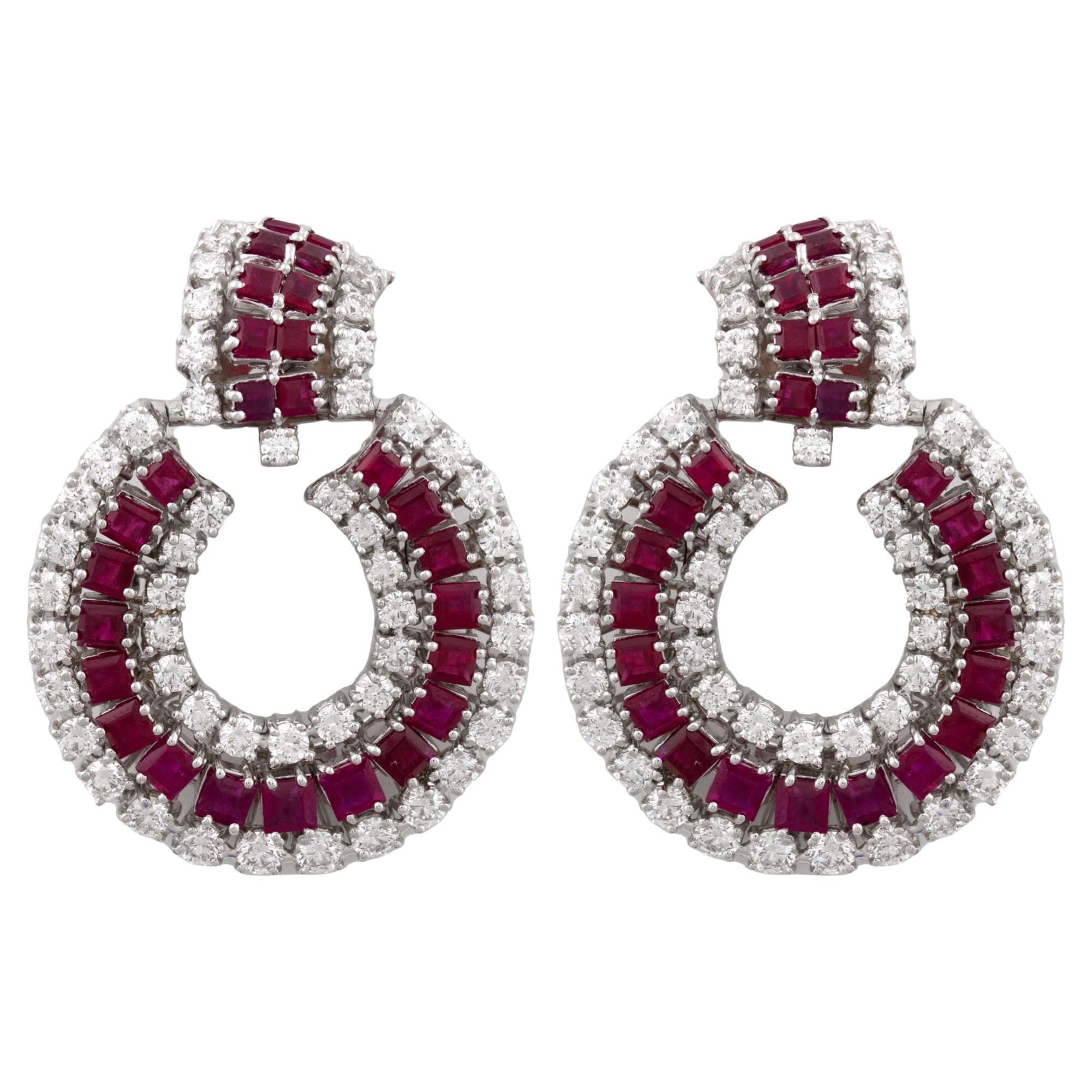 Galleria Cellini 18K White Gold Diamond & Ruby Earrings For Sale