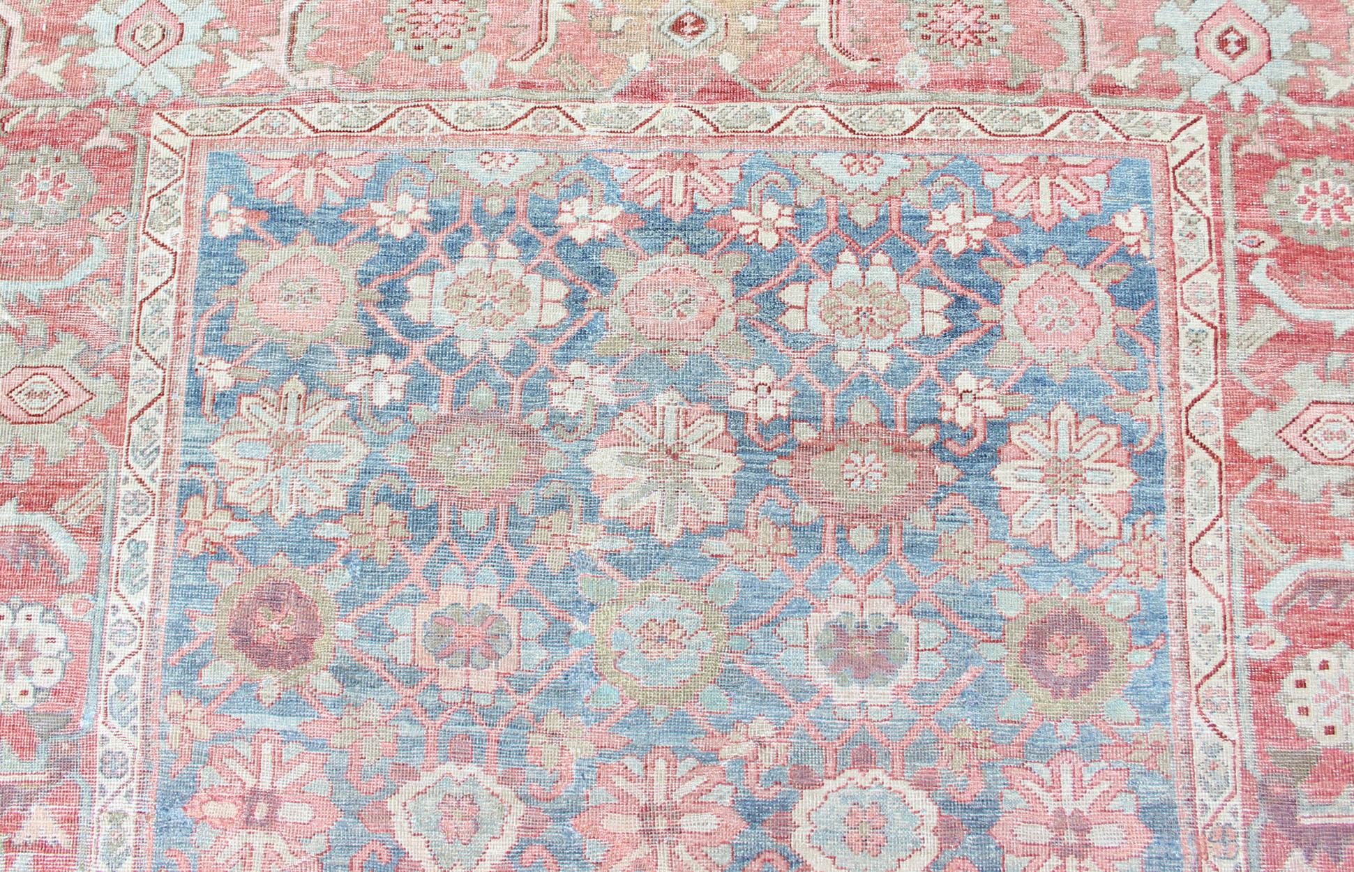 Sultanabad Gallery Antique Persian Mahal Rug with Light Blue Background and Faded Red