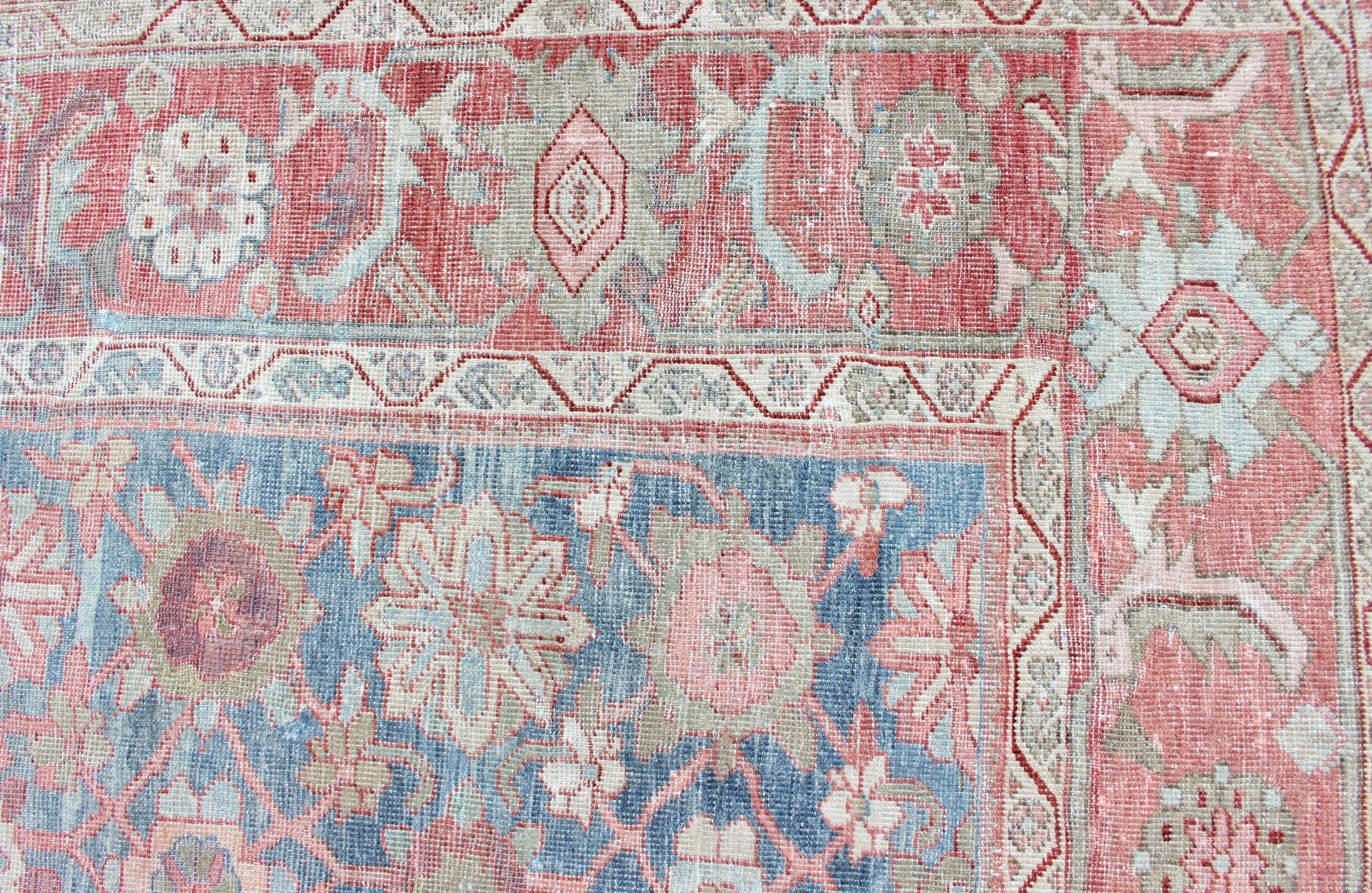Hand-Knotted Gallery Antique Persian Mahal Rug with Light Blue Background and Faded Red