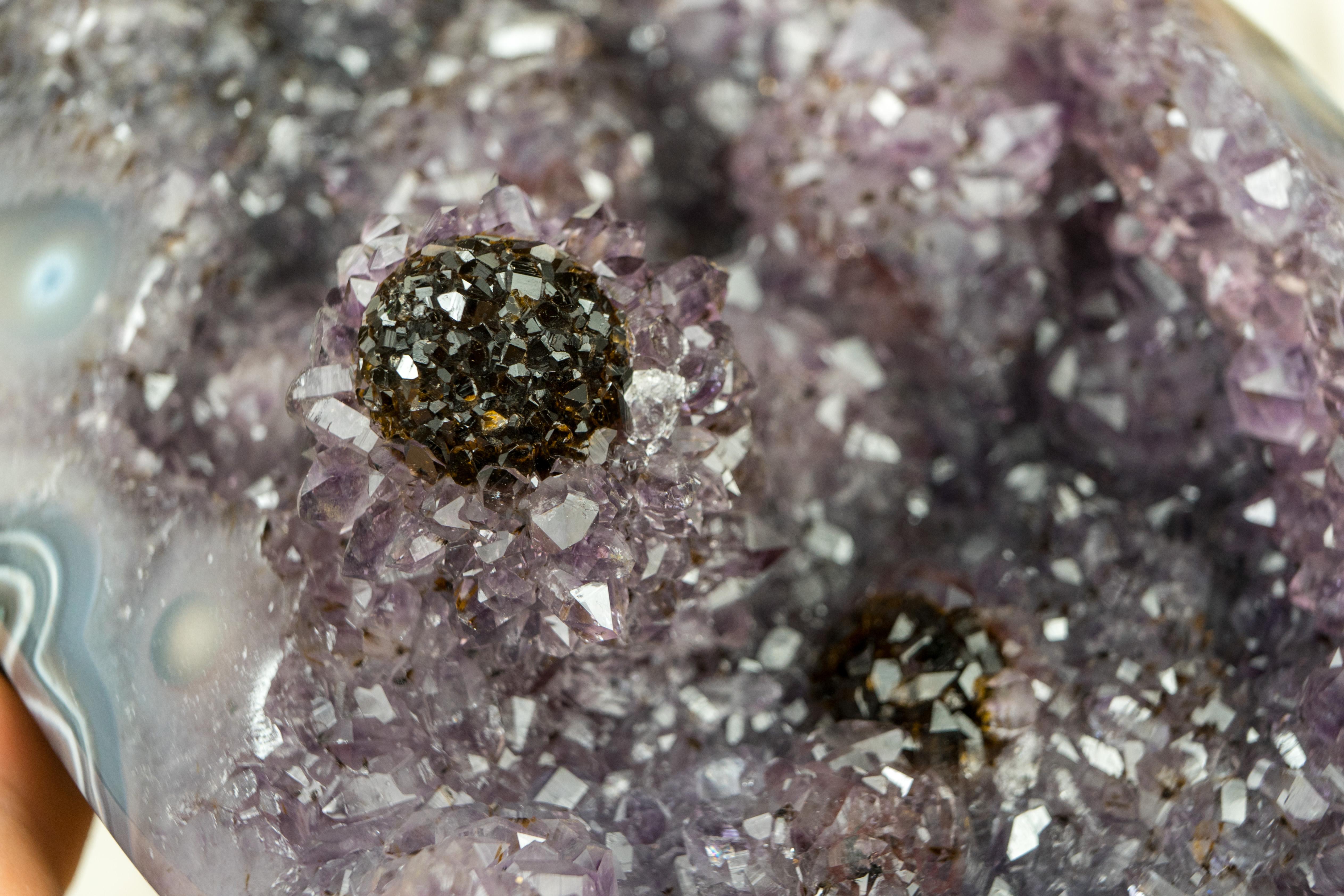 Gallery-Grade Achat-Geode mit seltener Goethit (AKA Cacoxenit) Blume im Angebot 7