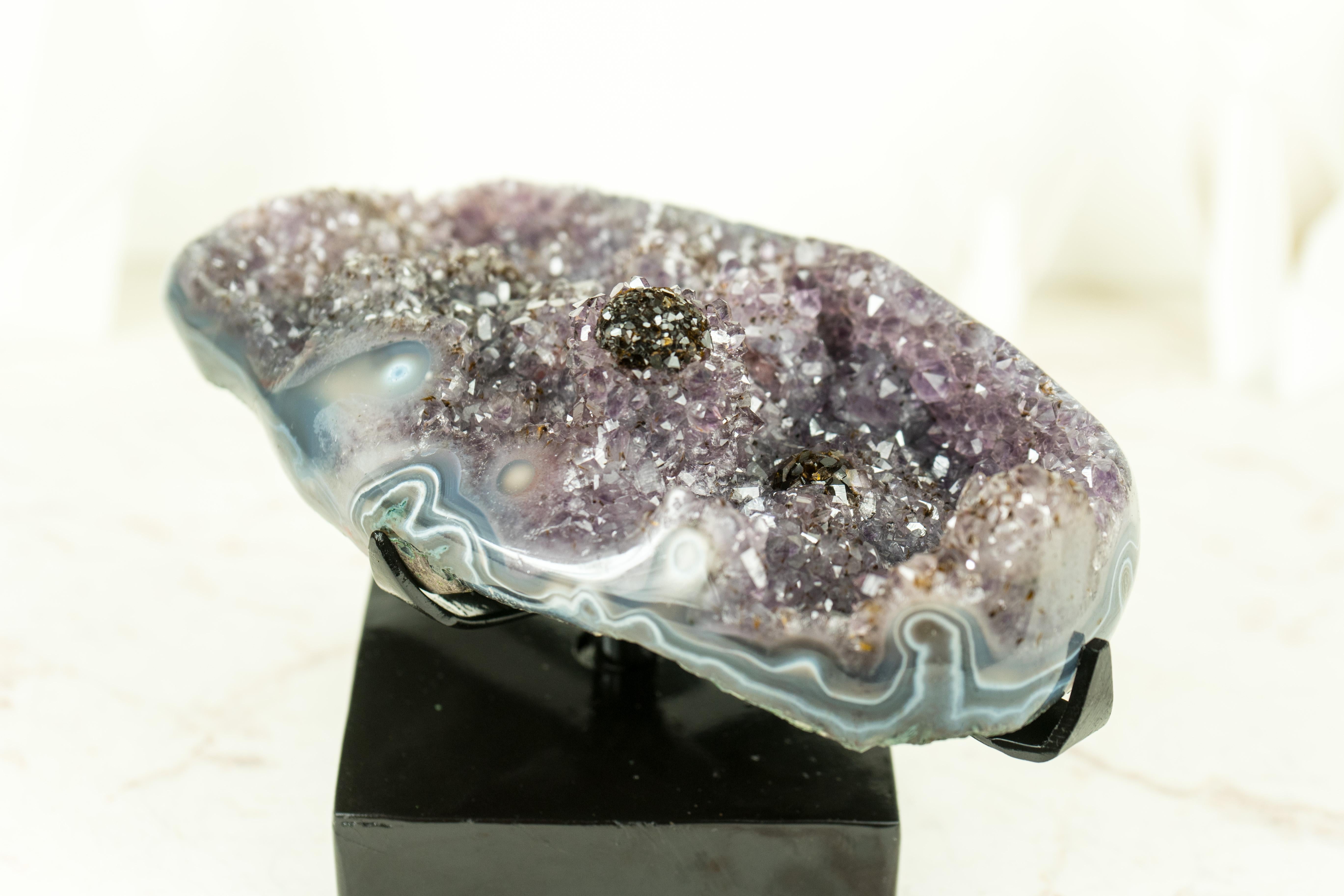 Gallery-Grade Agate Geode with Rare Goethite (AKA Cacoxenite) Flower For Sale 9