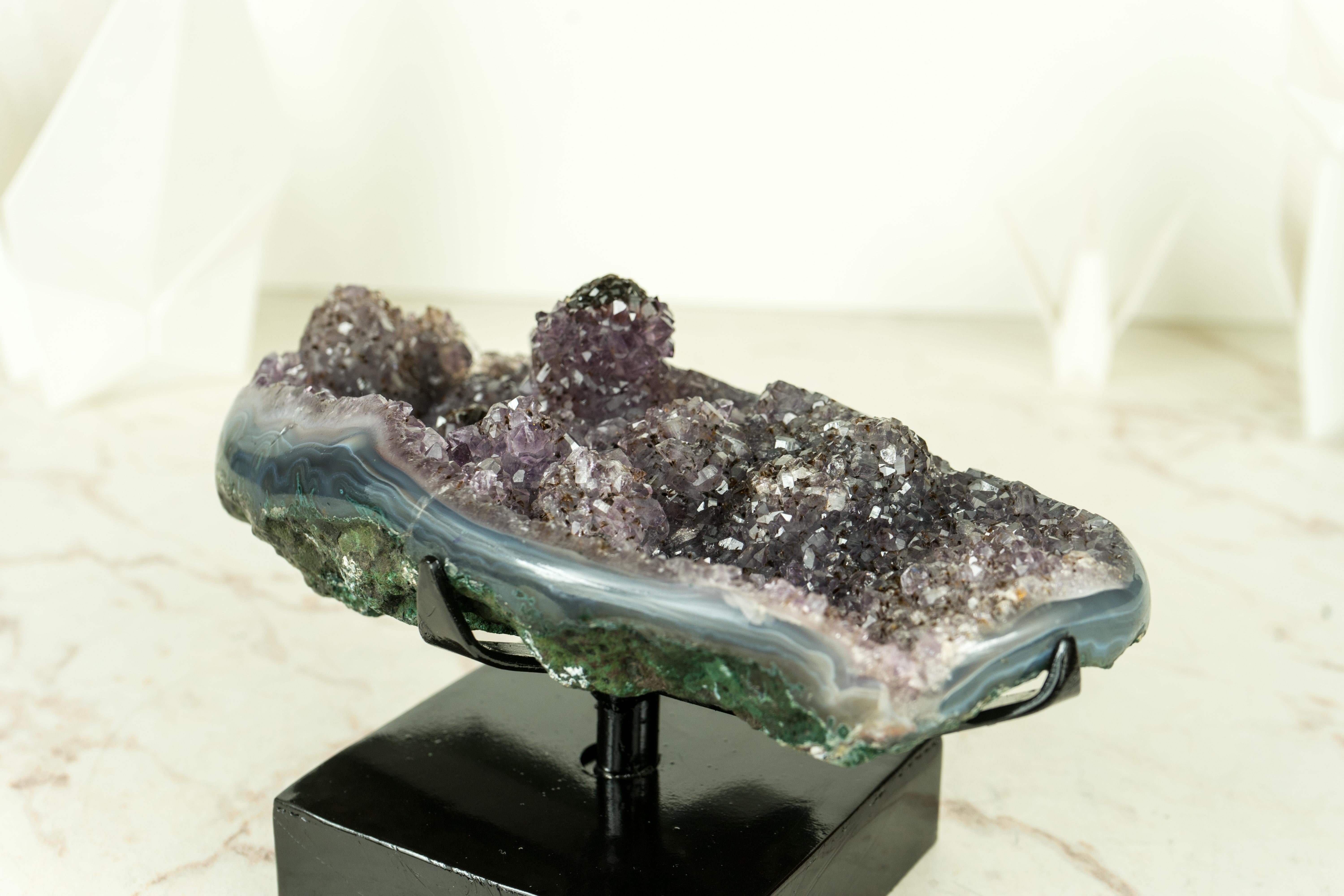 Contemporary Gallery-Grade Agate Geode with Rare Goethite (AKA Cacoxenite) Flower For Sale
