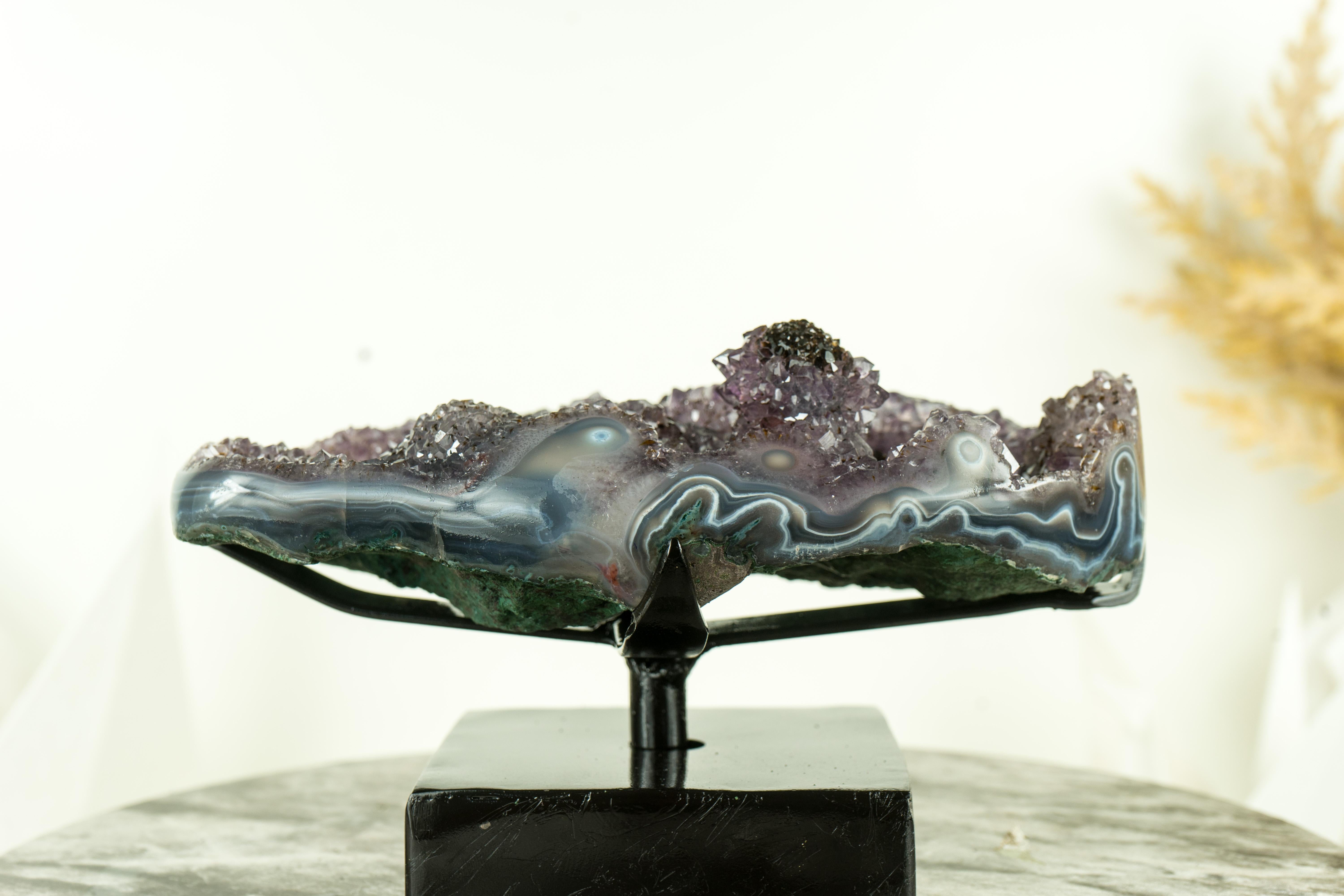 Gallery-Grade Achat-Geode mit seltener Goethit (AKA Cacoxenit) Blume im Angebot 1
