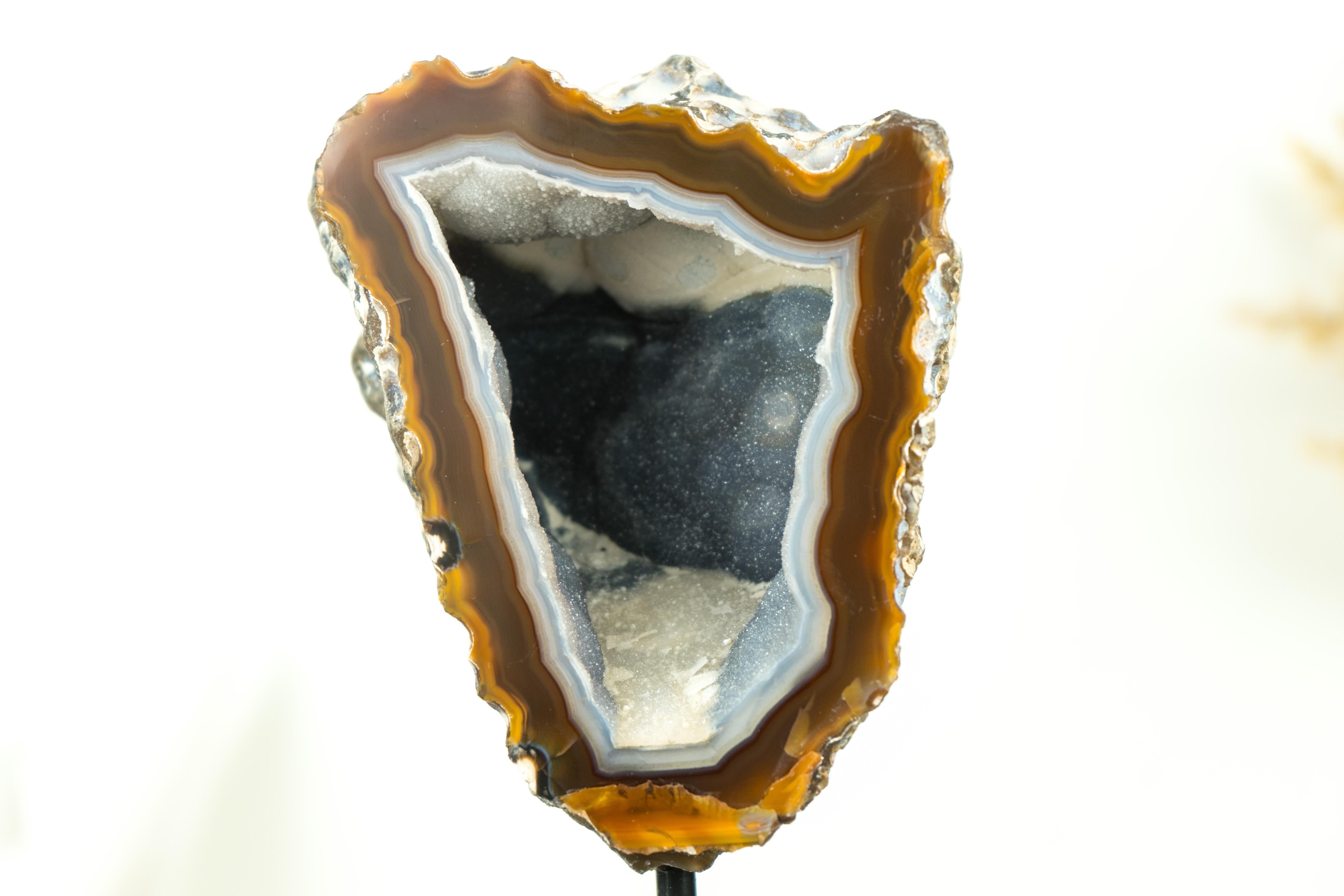 Gallery Grade Amber and White Lace Agate Geode with Blue Galaxy Druzy For Sale 4