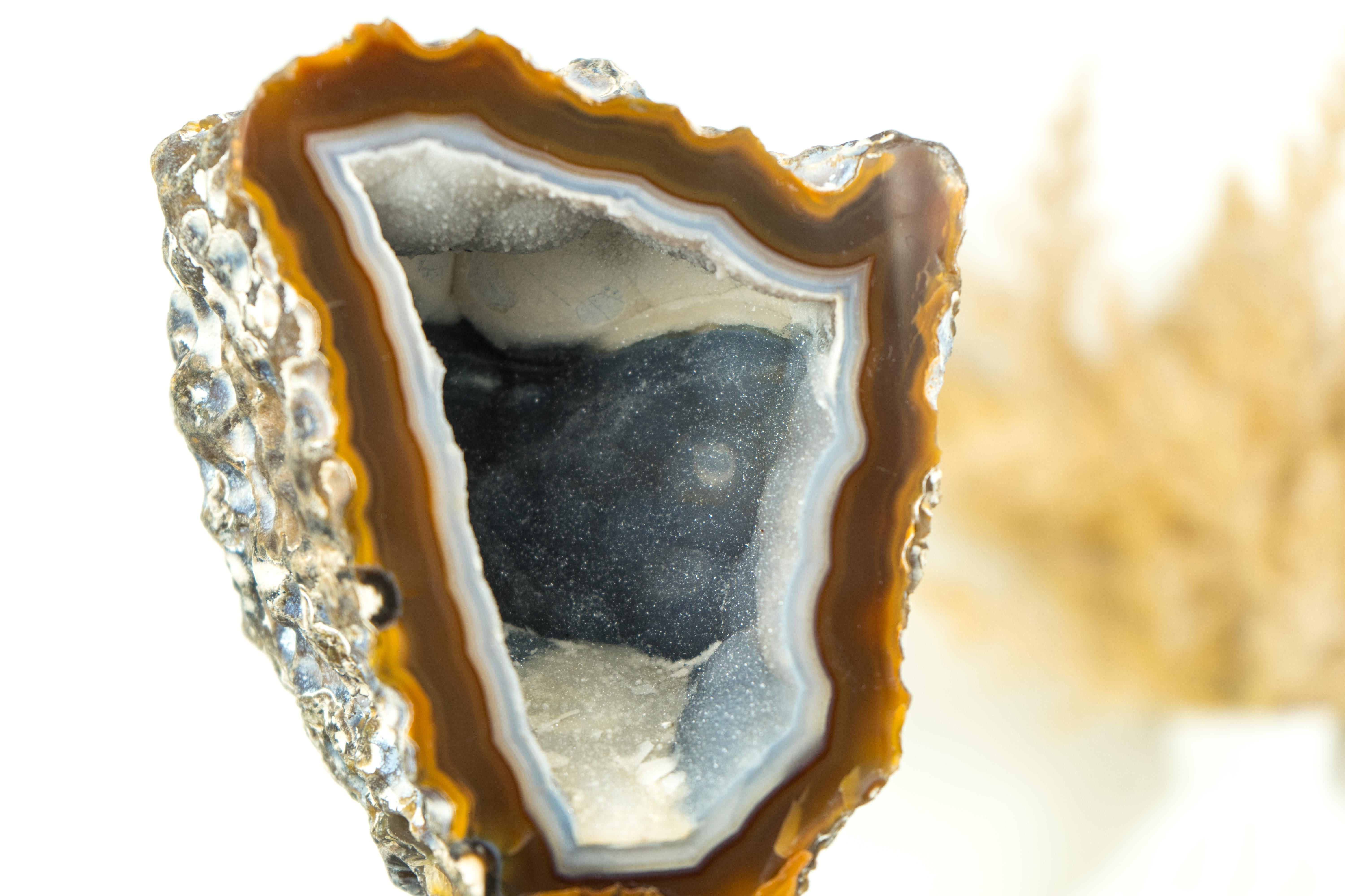 Gallery Grade Amber and White Lace Agate Geode with Blue Galaxy Druzy For Sale 5