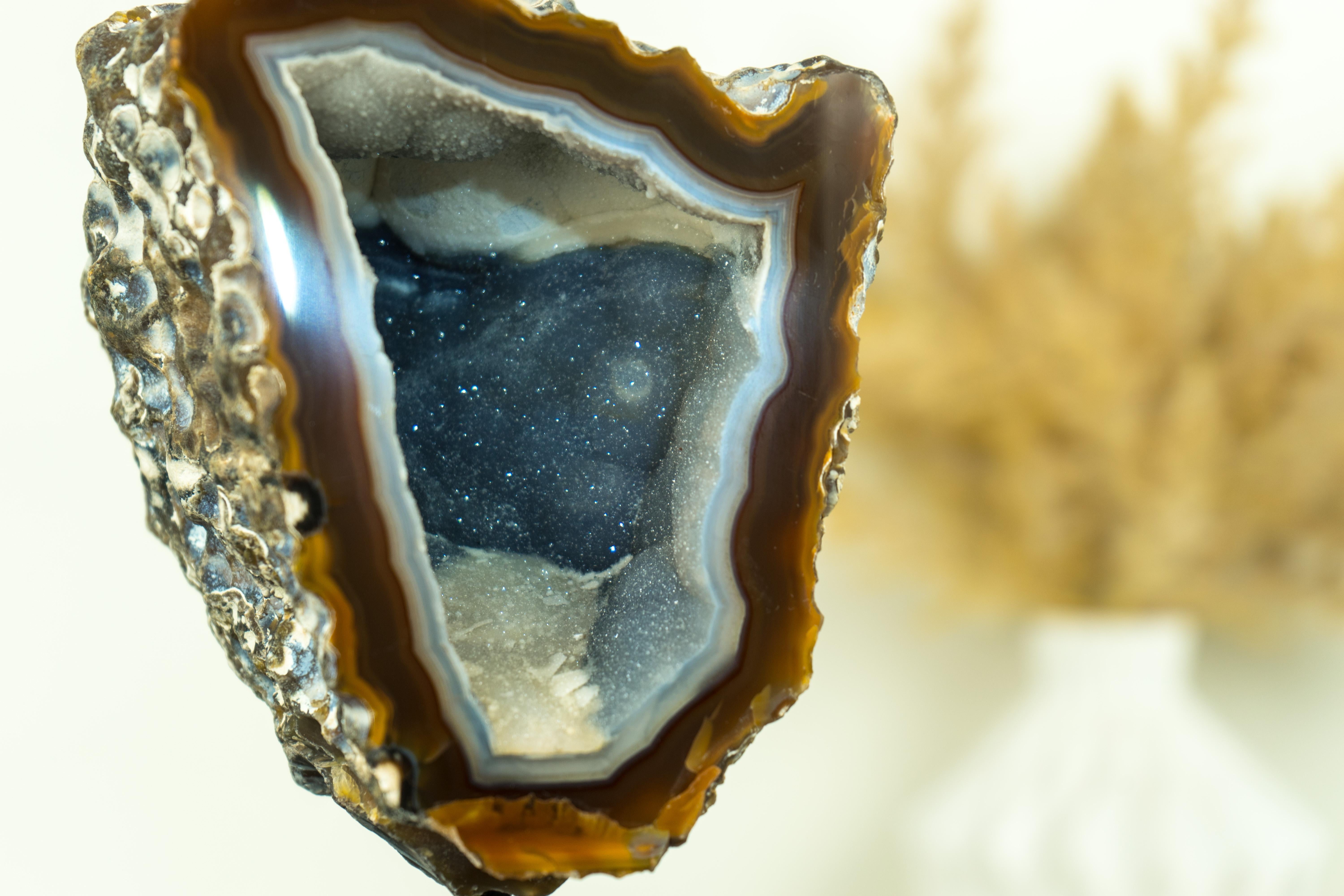 Gallery Grade Amber and White Lace Agate Geode with Blue Galaxy Druzy For Sale 6
