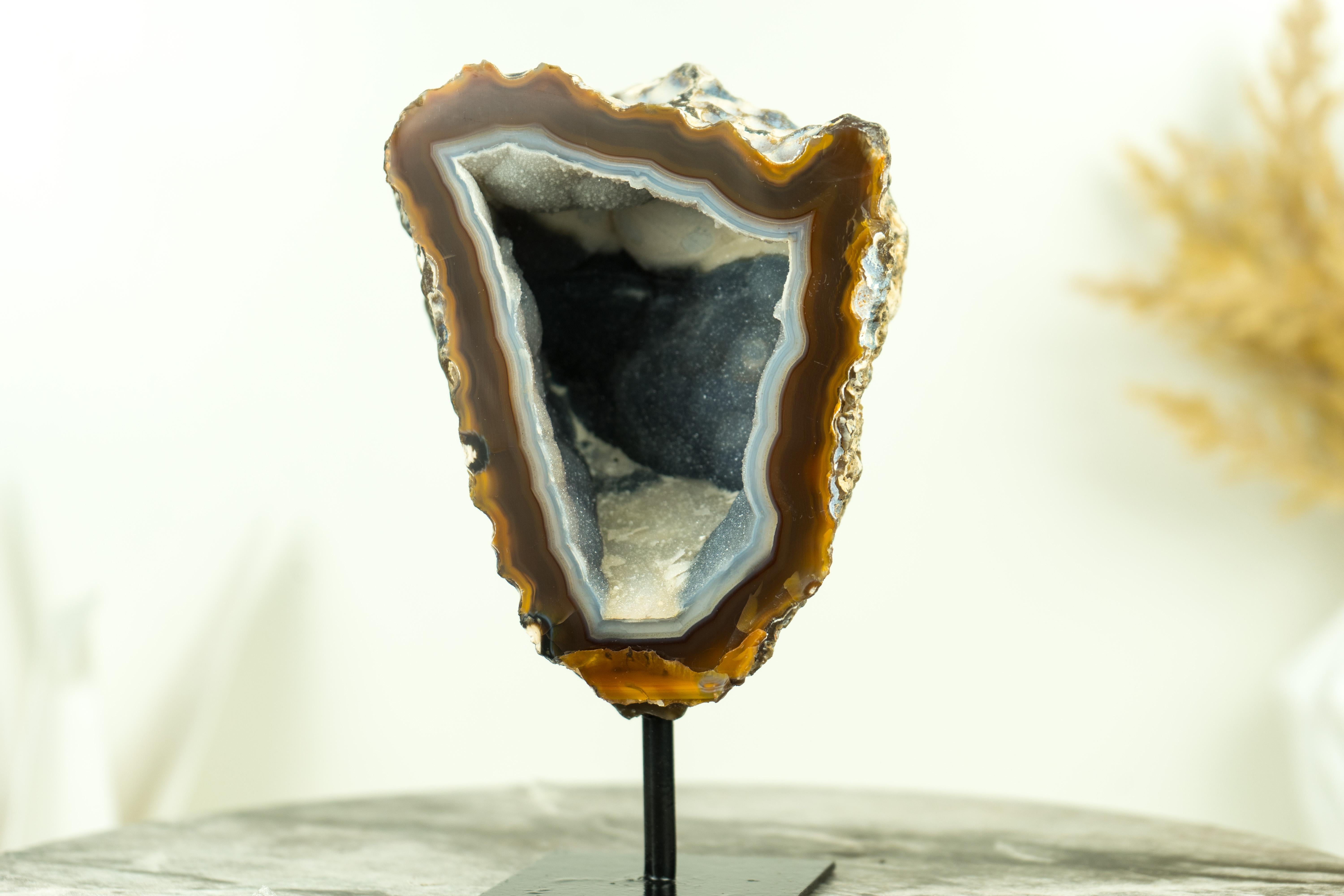 Brazilian Gallery Grade Amber and White Lace Agate Geode with Blue Galaxy Druzy For Sale
