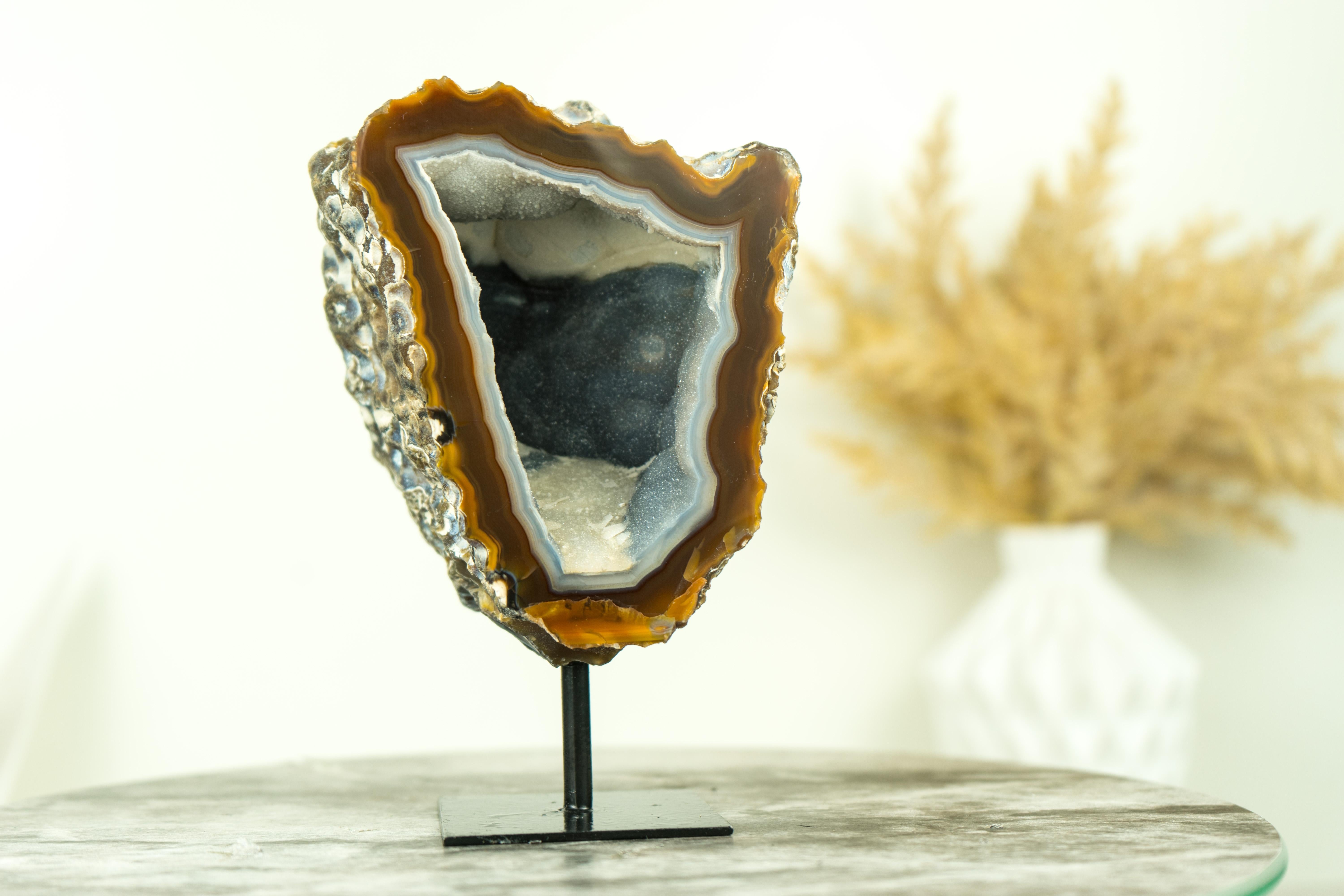 Gallery Grade Amber and White Lace Agate Geode with Blue Galaxy Druzy For Sale 1