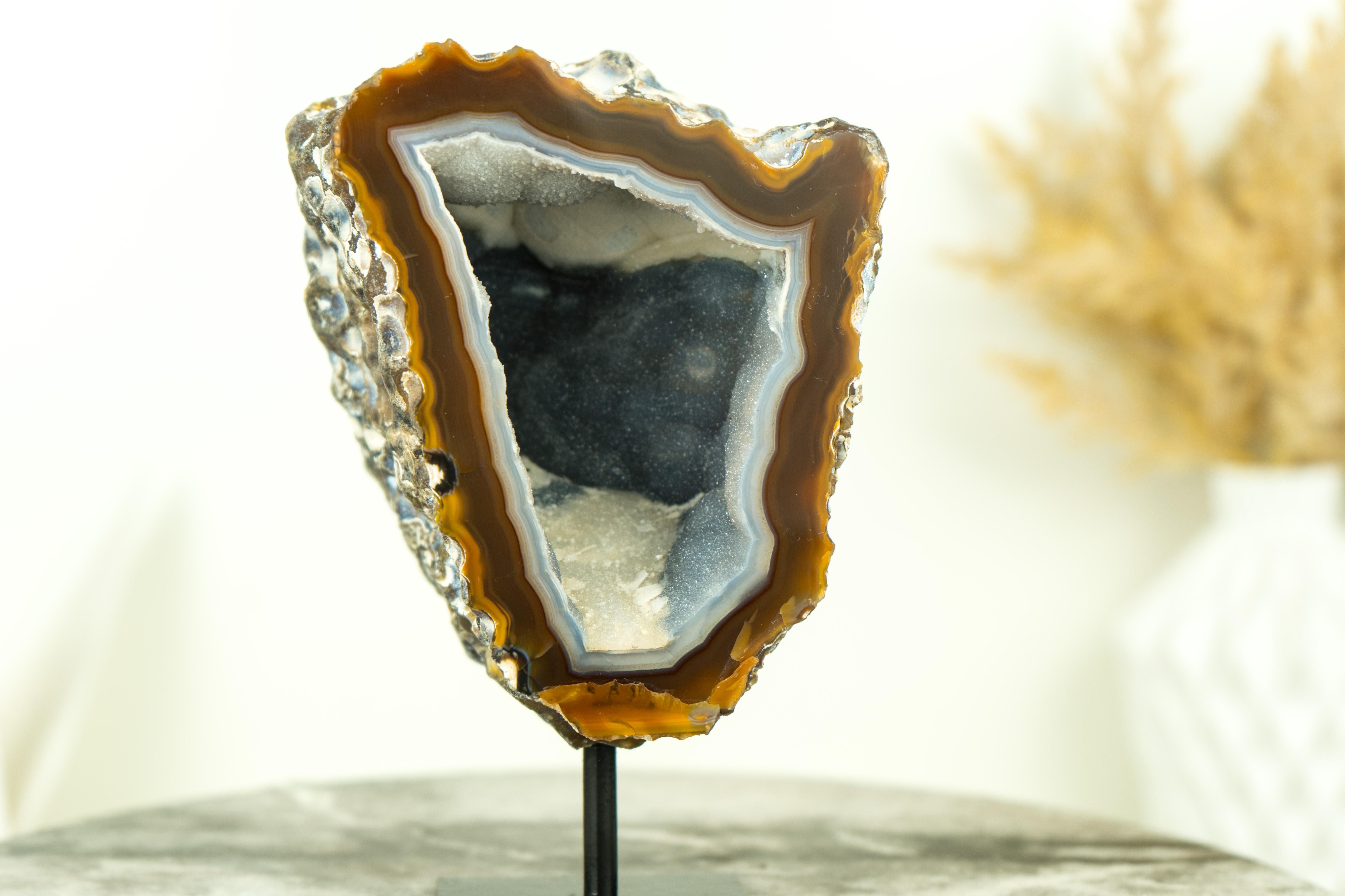 Gallery Grade Amber and White Lace Agate Geode with Blue Galaxy Druzy For Sale 2