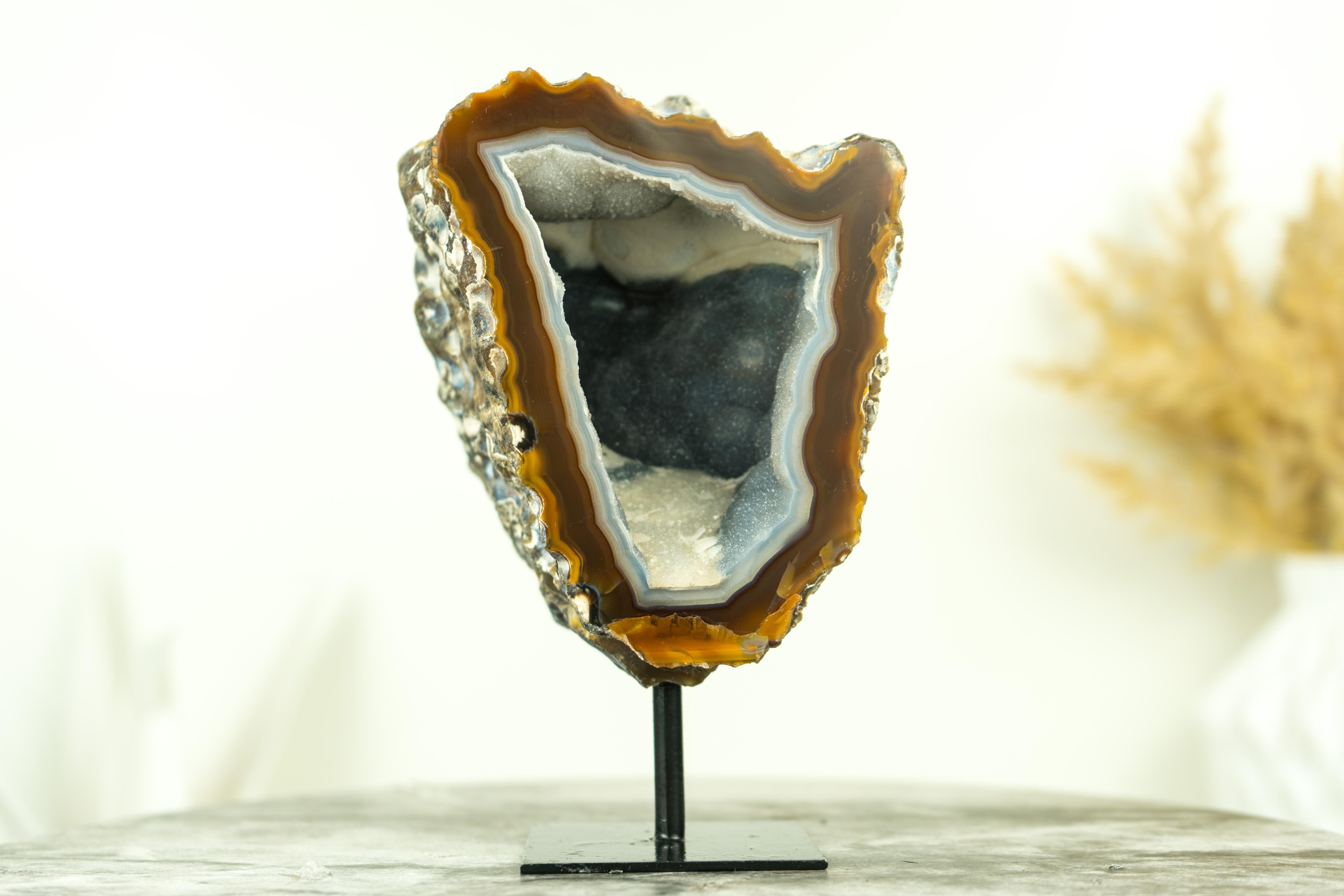 Gallery Grade Amber and White Lace Agate Geode with Blue Galaxy Druzy For Sale 3