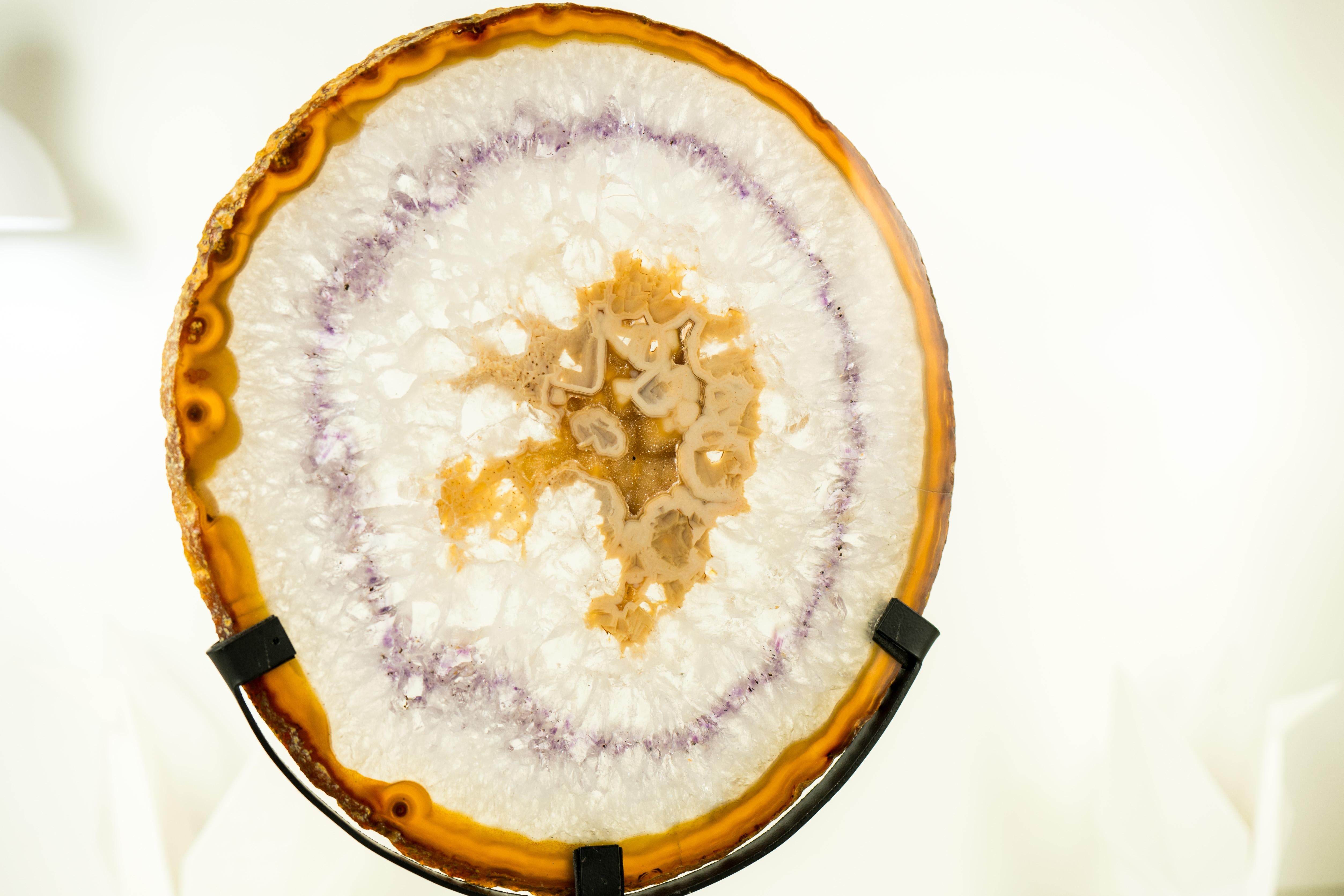 Rare Natural Lace Agate Slice with Clear Quartz, Amethyst Lace, and Yellow Chalcedony with Sugar Druzy

▫️ Description

This agate slice is a stunning example of nature's artistry, displaying unique and seldom-seen features that combine to create a
