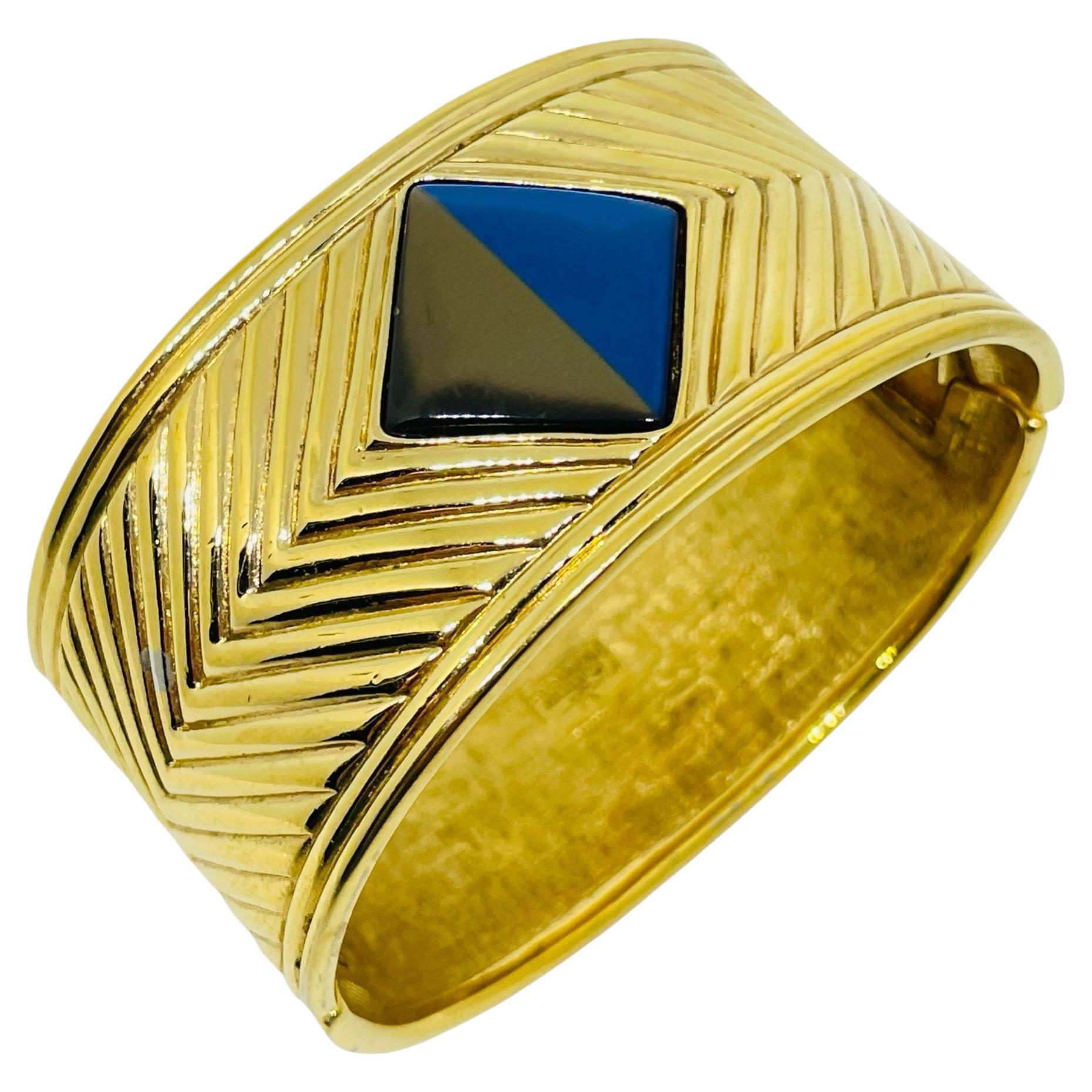 GALLERY ORIGINALS vintage gold tone blue resin designer massive clamper bracelet
