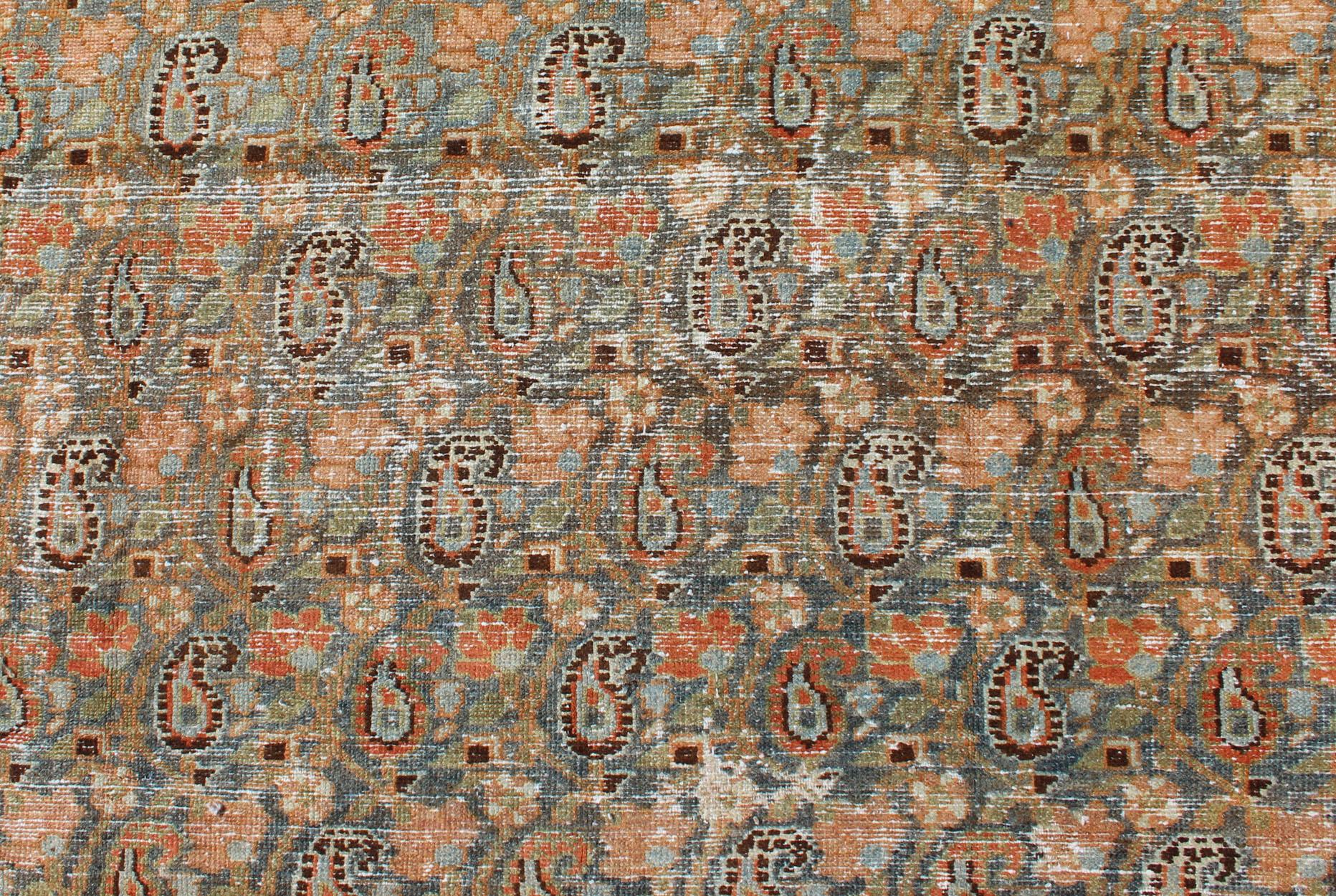 Gallery Persian Malayer with All-Over Geometric Design in Blue, Apricot, Green For Sale 4