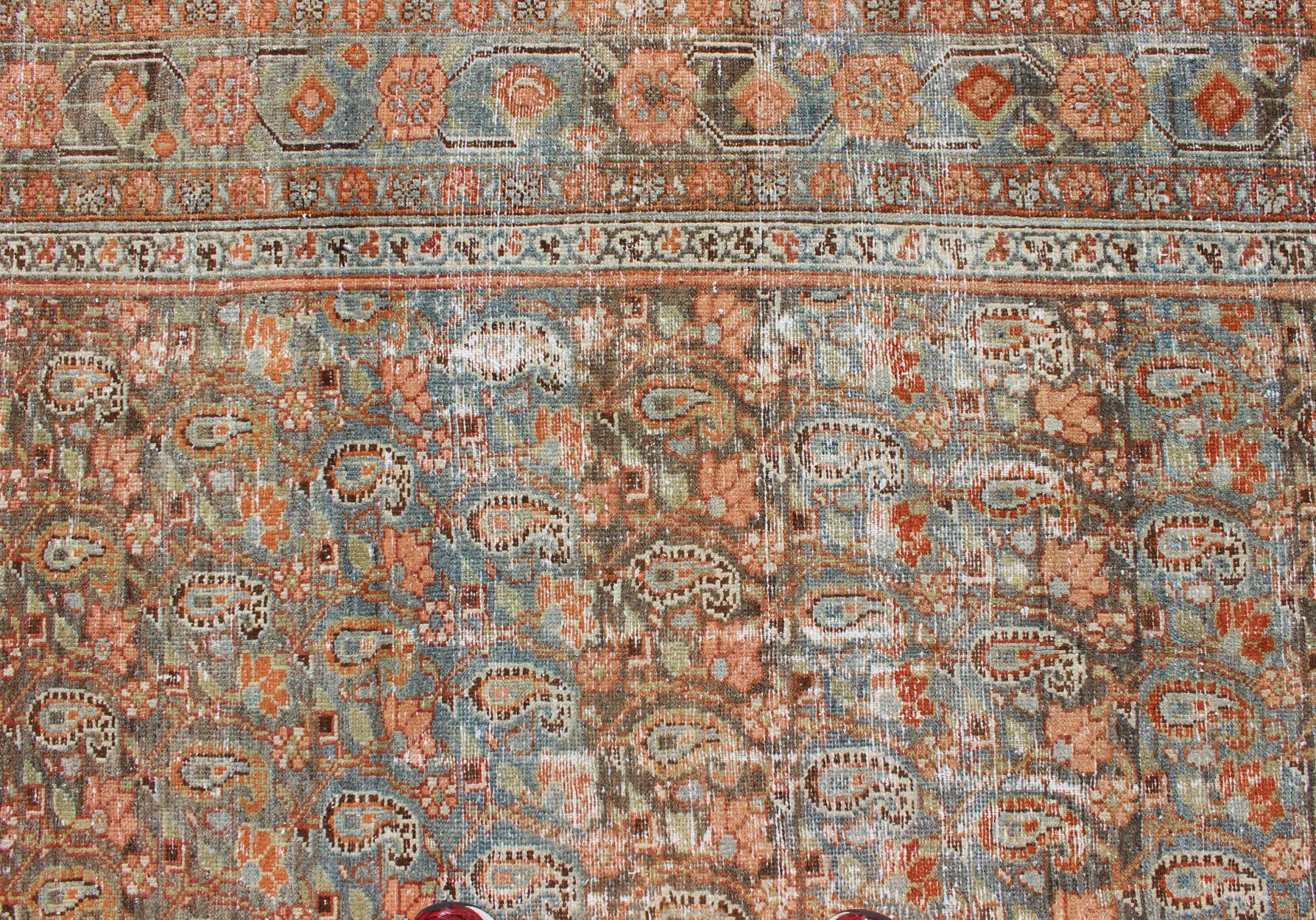 Gallery Persian Malayer with All-Over Geometric Design in Blue, Apricot, Green For Sale 5