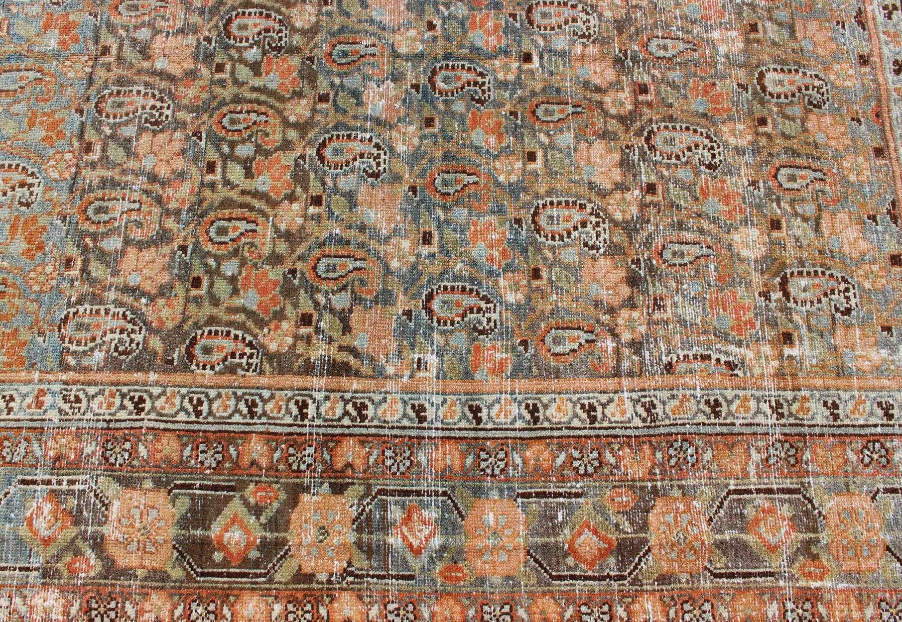 Gallery Persian Malayer with All-Over Geometric Design in Blue, Apricot, Green For Sale 6