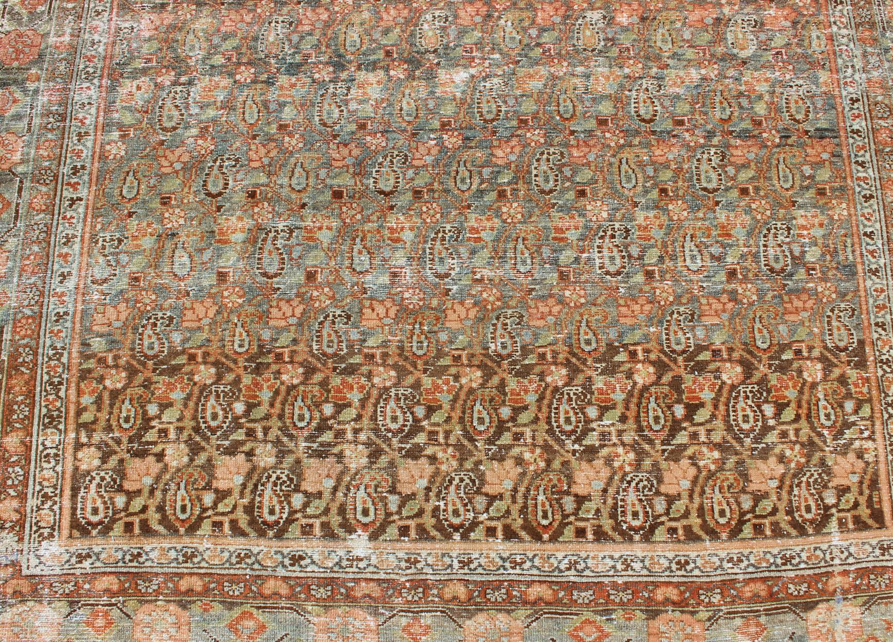 Gallery Persian Malayer with All-Over Geometric Design in Blue, Apricot, Green For Sale 7