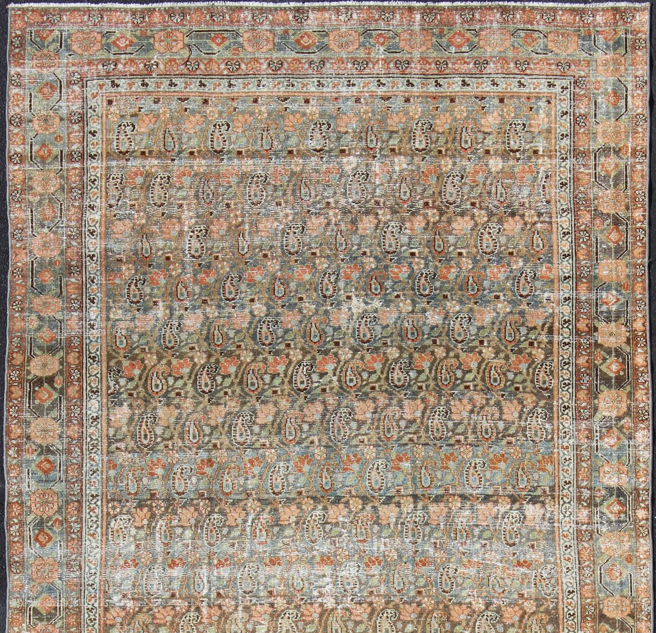 Gallery Persian Malayer with all-over geometric design in gray, brown, blue, apricot, green
Malayer antique rug from Persia with small-scale geometrics, rug SUS-1908-14, country of origin / type: Iran / Malayer, circa 1910.

This antique Malayer