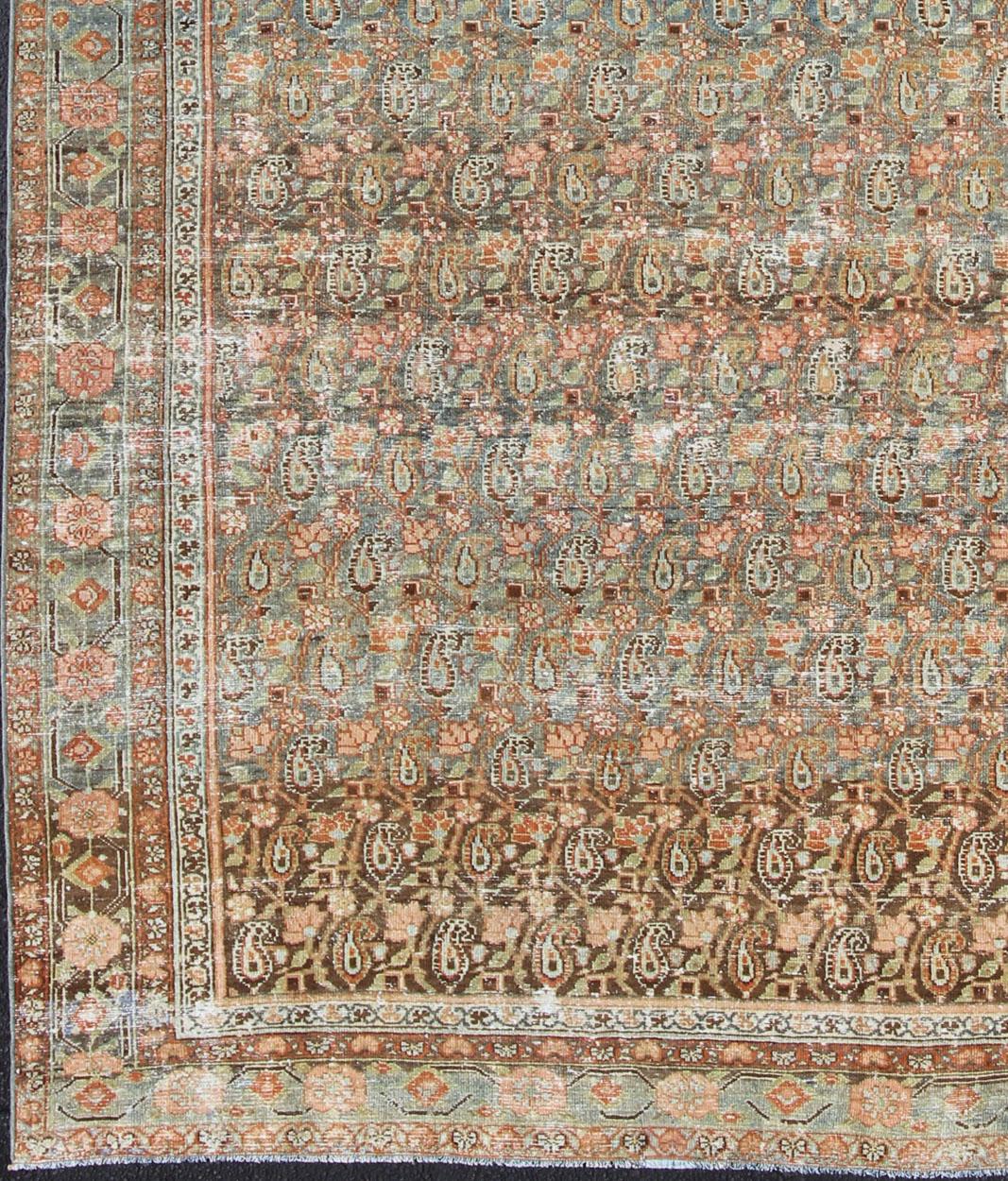 Hand-Knotted Gallery Persian Malayer with All-Over Geometric Design in Blue, Apricot, Green For Sale