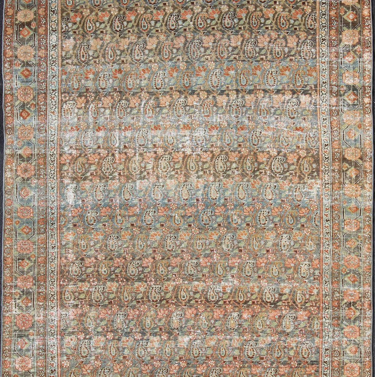 Gallery Persian Malayer with All-Over Geometric Design in Blue, Apricot, Green In Distressed Condition For Sale In Atlanta, GA
