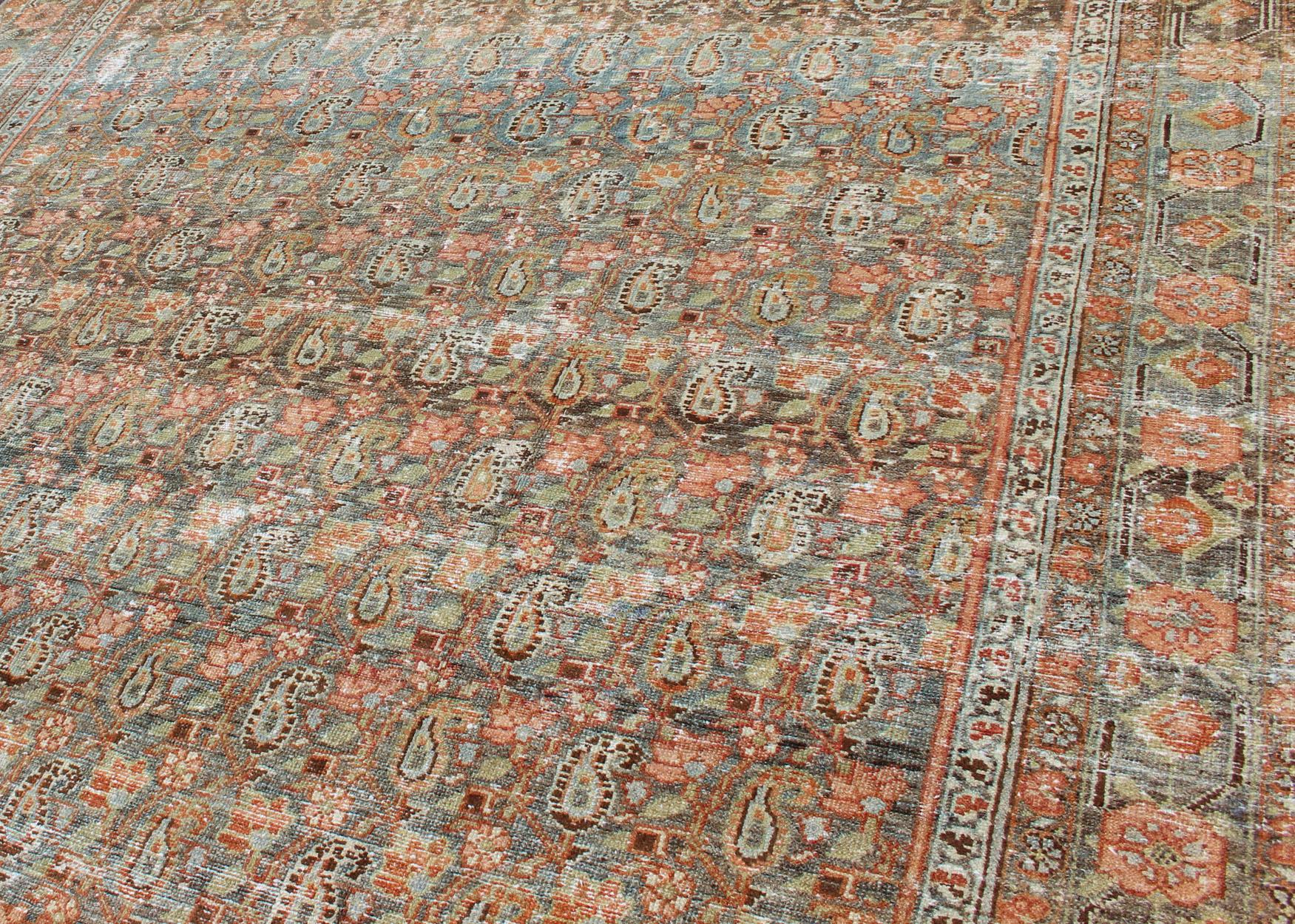 Wool Gallery Persian Malayer with All-Over Geometric Design in Blue, Apricot, Green For Sale