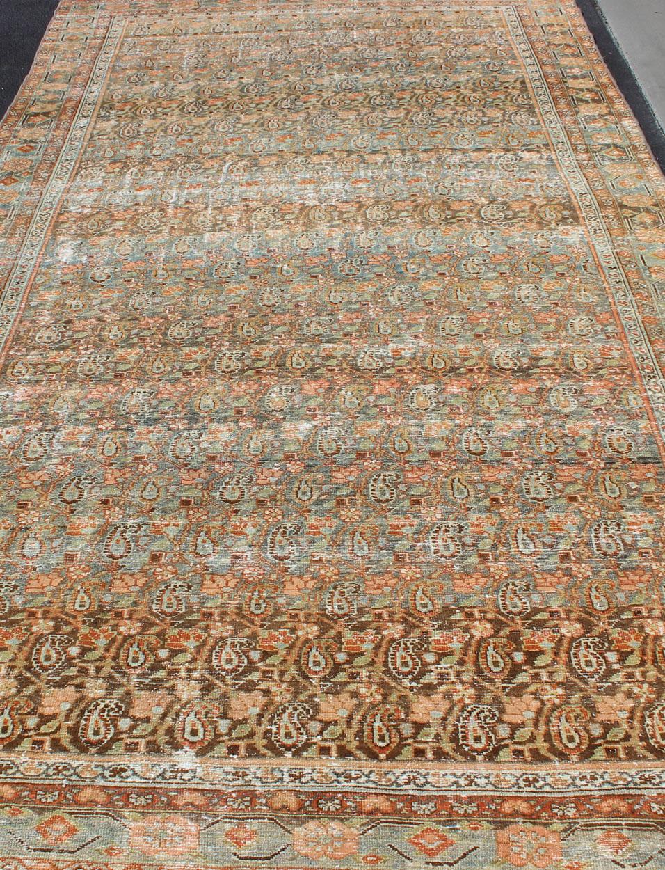 Gallery Persian Malayer with All-Over Geometric Design in Blue, Apricot, Green For Sale 1
