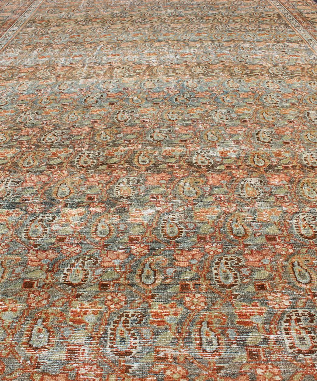 Gallery Persian Malayer with All-Over Geometric Design in Blue, Apricot, Green For Sale 2