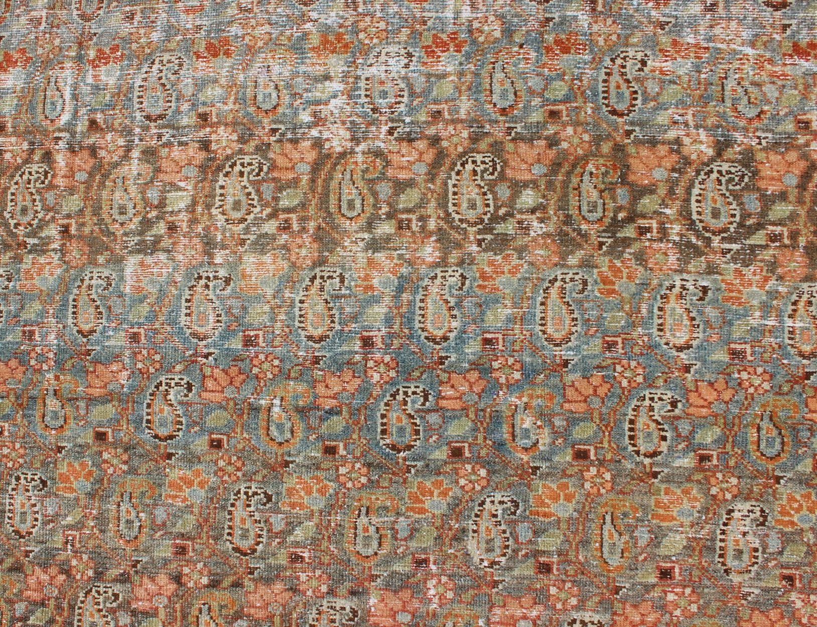 Gallery Persian Malayer with All-Over Geometric Design in Blue, Apricot, Green For Sale 3