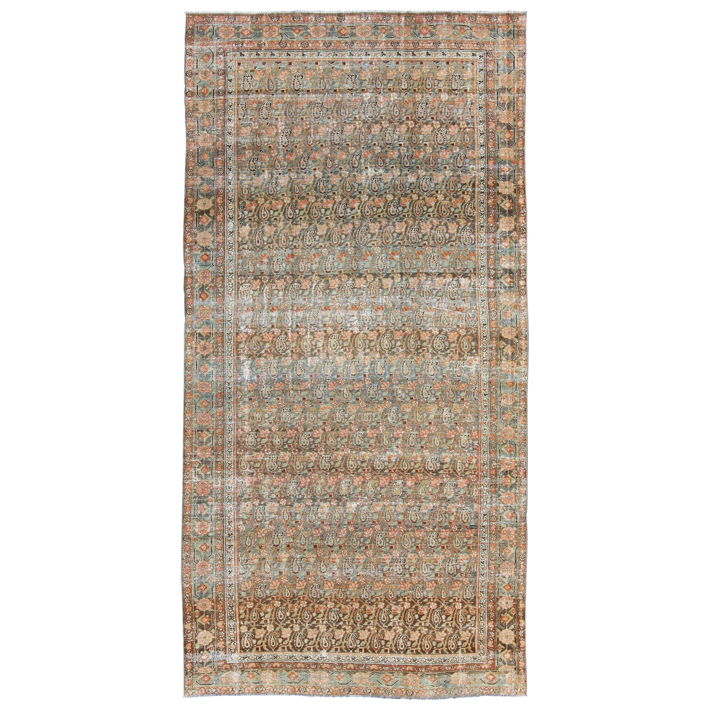 Gallery Persian Malayer with All-Over Geometric Design in Blue, Apricot, Green For Sale