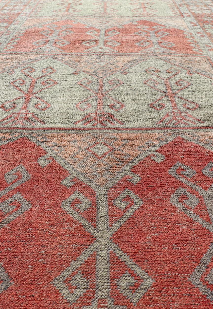 Gallery Rug, Vintage Turkish in Faded Red, Coral, Orange, Soft Pink and Green For Sale 4