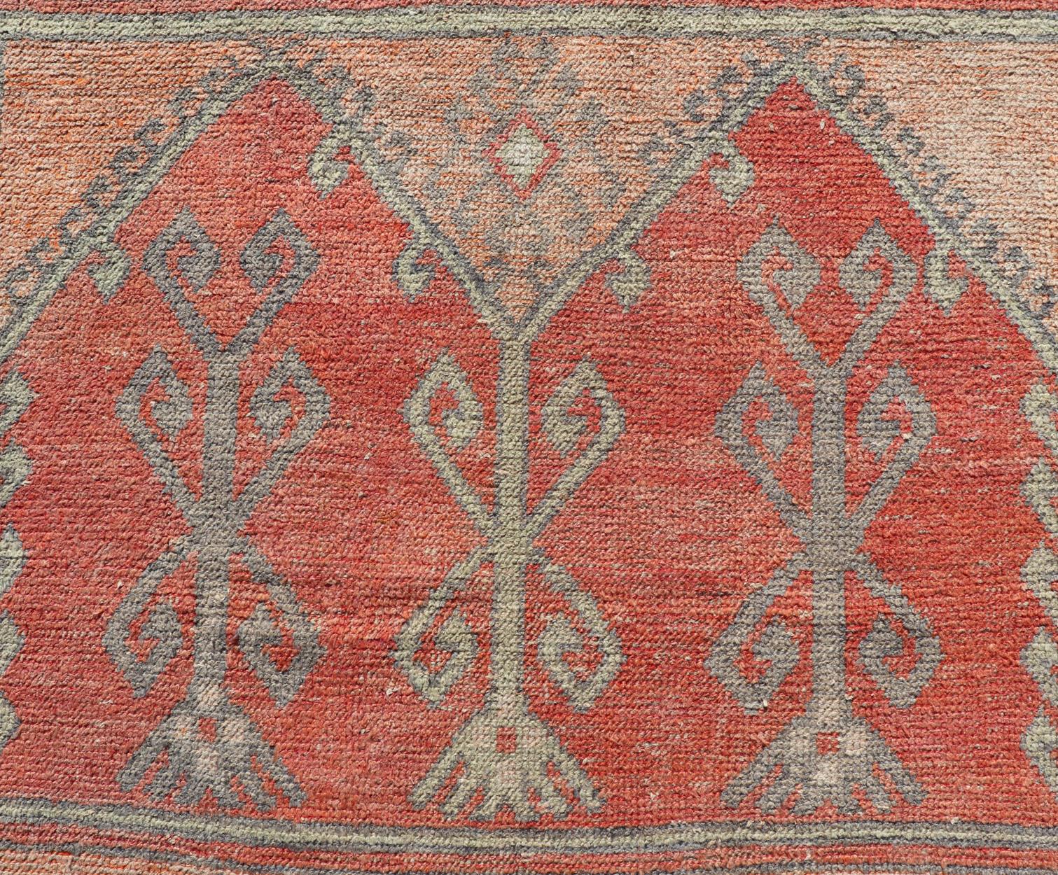 Gallery Rug, Vintage Turkish in Faded Red, Coral, Orange, Soft Pink and Green For Sale 6