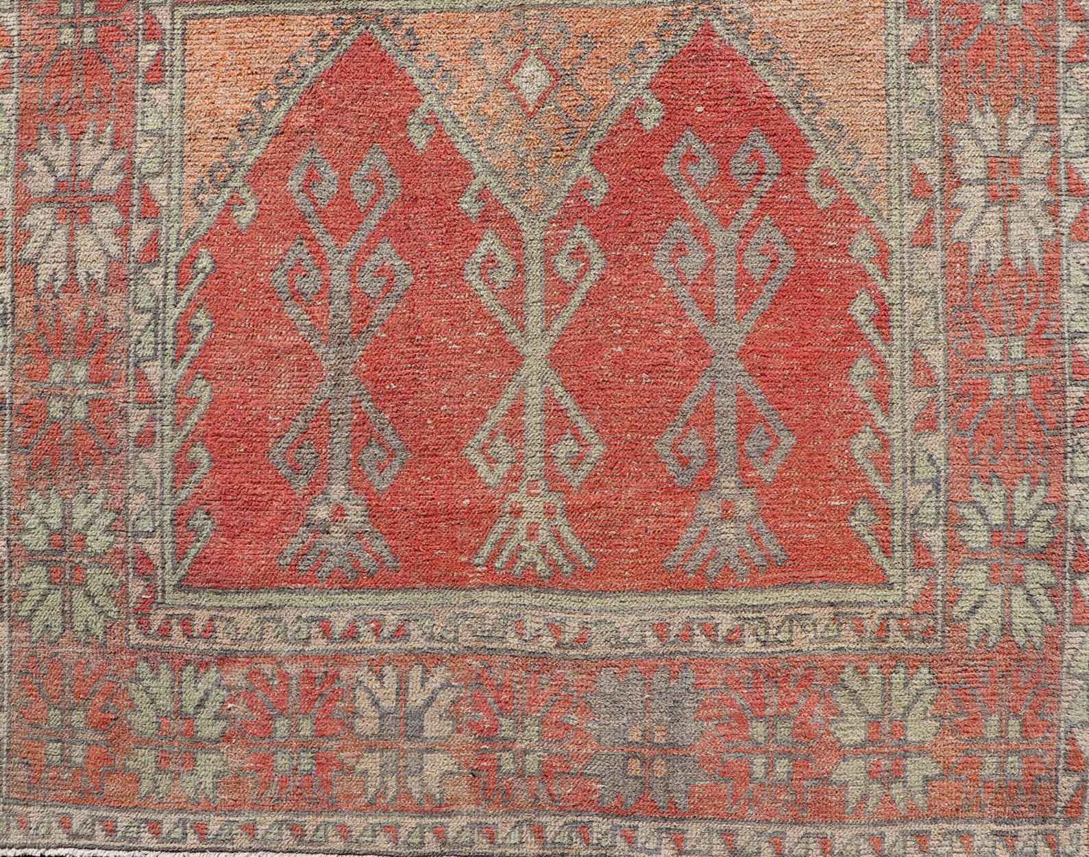 Gallery Rug, Vintage Turkish in Faded Red, Coral, Orange, Soft Pink and Green For Sale 8