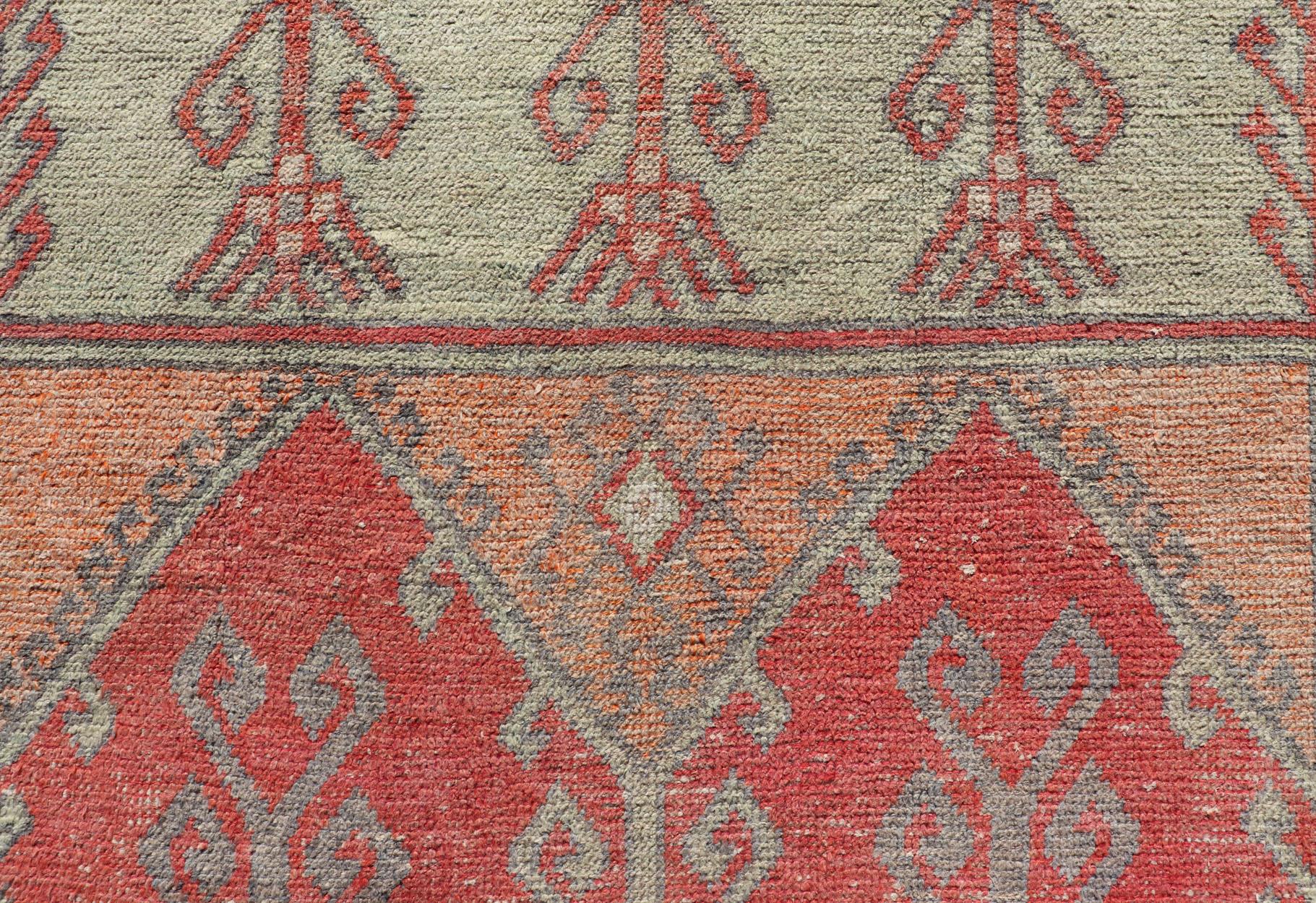 Gallery Rug, Vintage Turkish in Faded Red, Coral, Orange, Soft Pink and Green For Sale 9