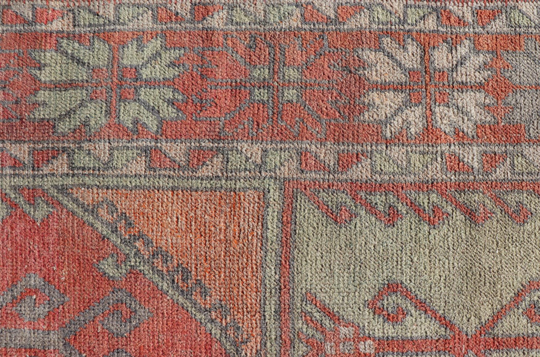Gallery Rug, Vintage Turkish in Faded Red, Coral, Orange, Soft Pink and Green For Sale 10