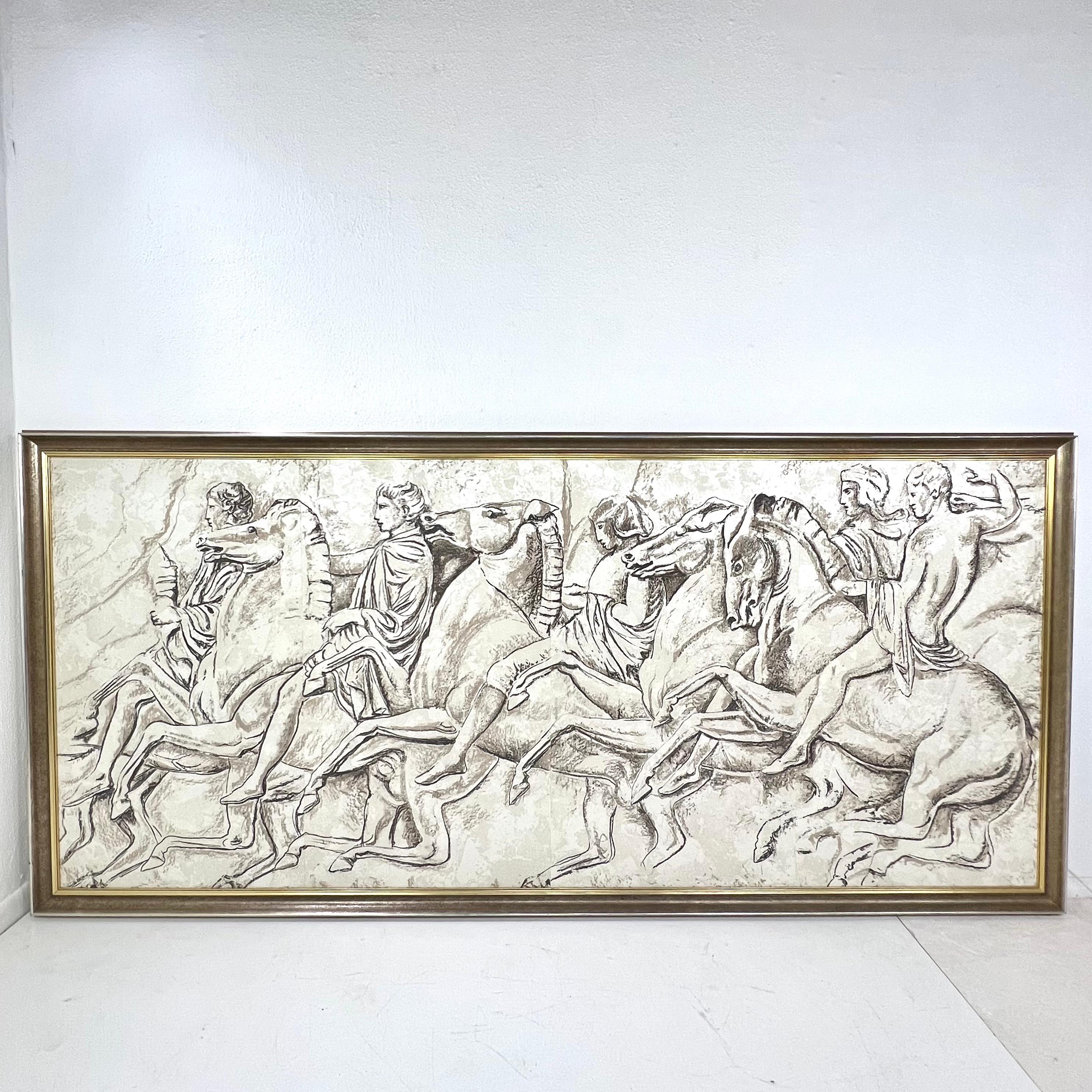 Setzen Sie einen dramatischen Akzent mit diesem atemberaubenden übergroßen Kunstwerk, das eine auffällige schwarz-elfenbeinfarbene Darstellung klassischer Reiter zeigt, die von antiken Friesen inspiriert ist. Das wahrscheinlich in den 1970er Jahren