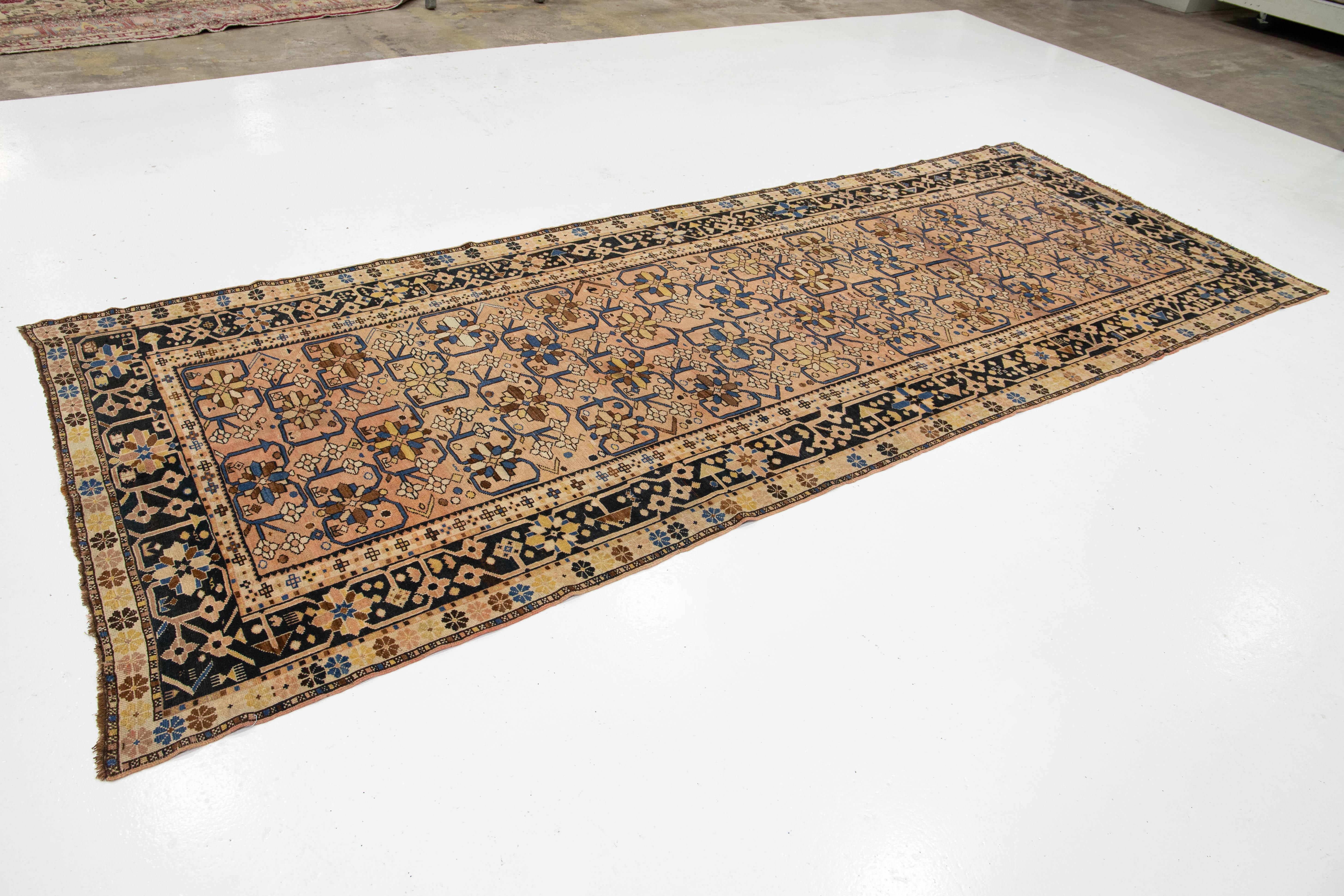 Gallery Size Antique Karabaugh Handmade Wool Rug In Peach with Allover Design (Aserbaidschanisch) im Angebot