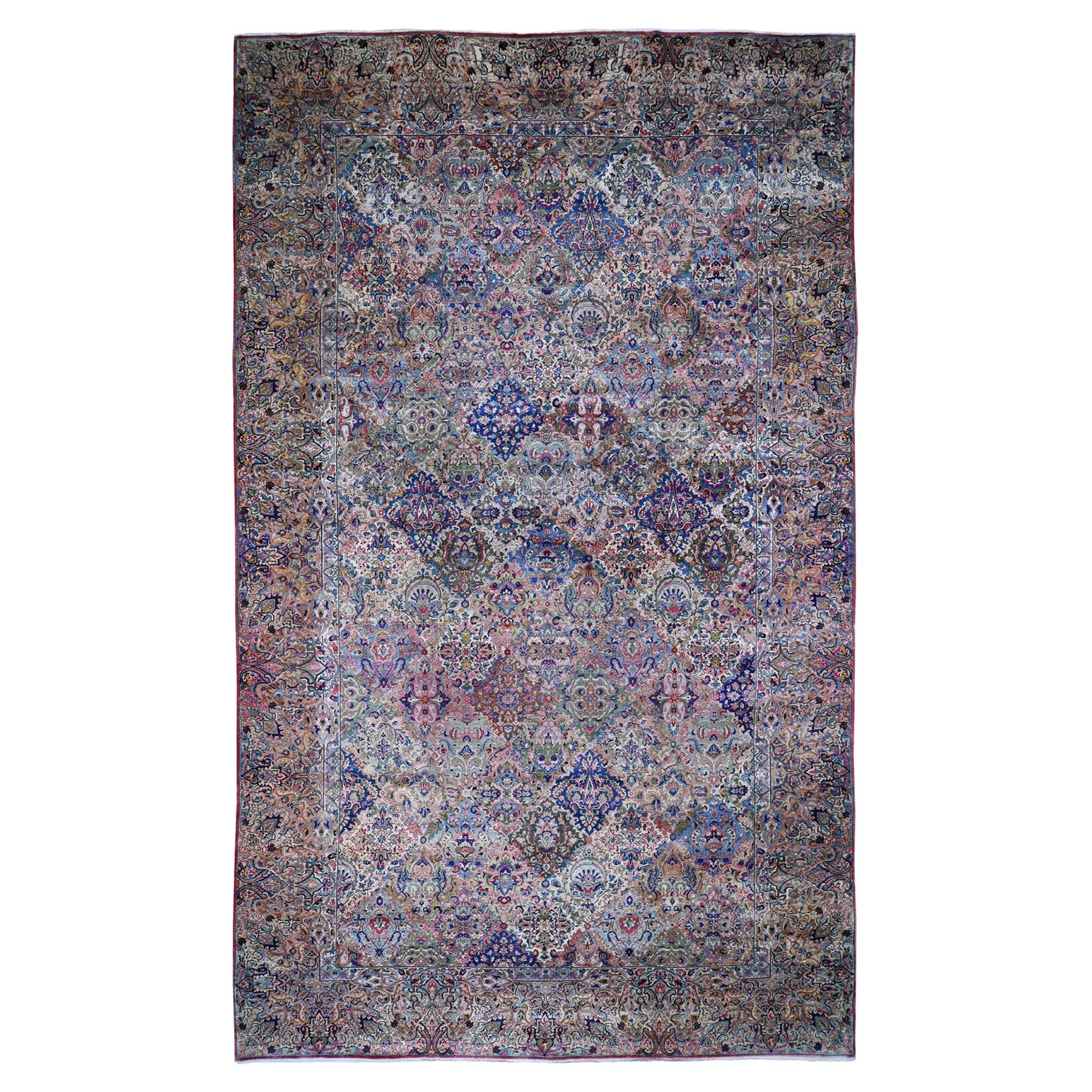 Gallery Size Antique Persian Kerman Garden Design Hand Knotted Oriental Rug