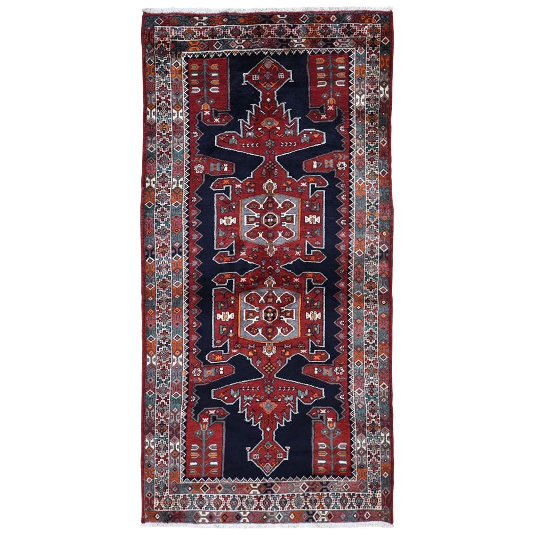 Gallery Size Navy Blue Persian Hamadan Pure Wool Hand Knotted Oriental Rug