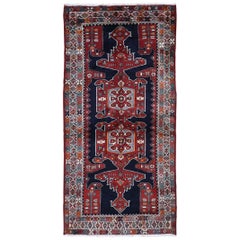 Gallery Size Navy Blue Persian Hamadan Pure Wool Hand Knotted Oriental Rug