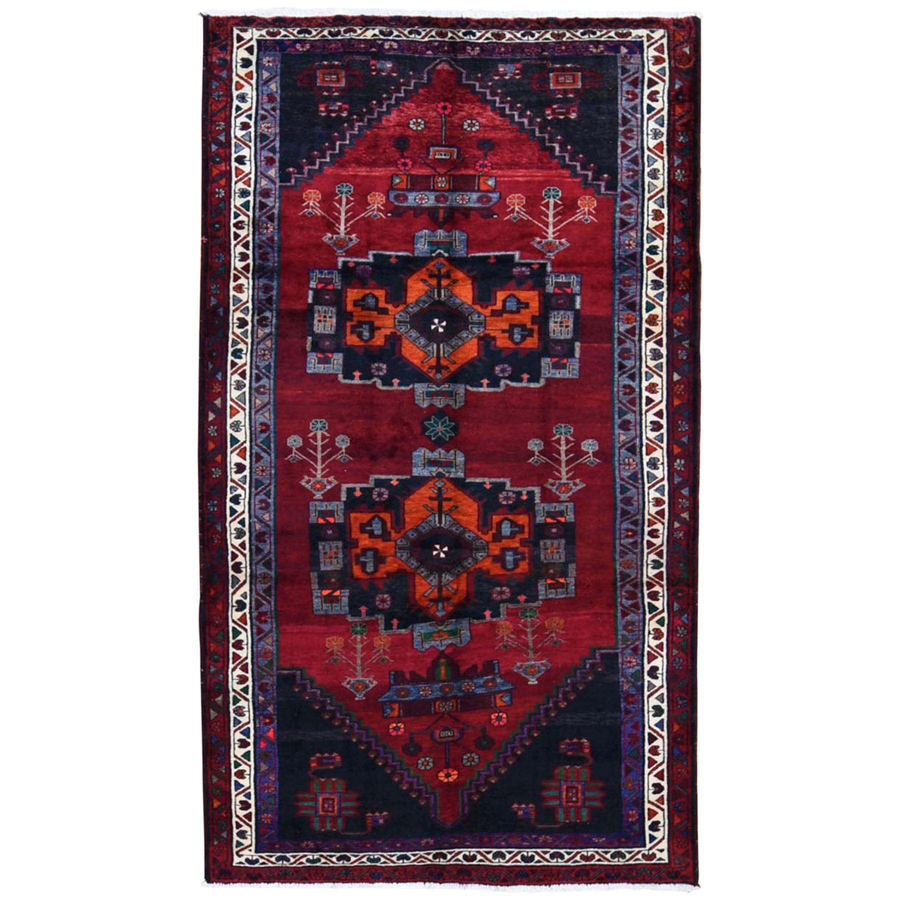 Gallery Size Red Vintage Persian Hamadan Wool Large Elements Hand Knotted Rug