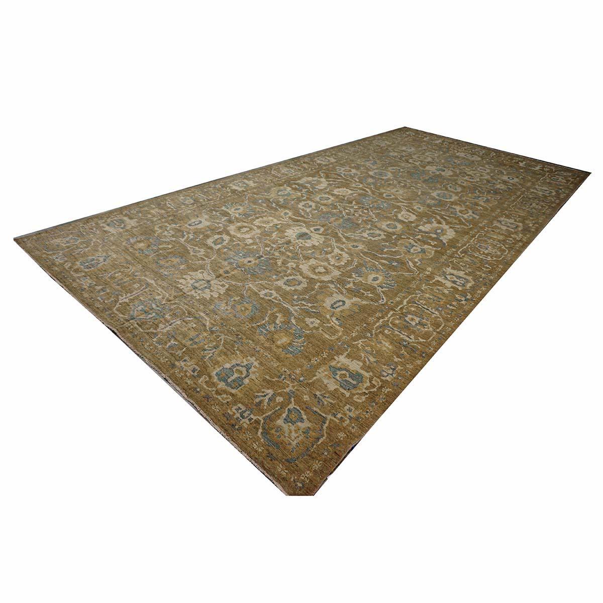 Persiano Area Persiana Sultanabad in Lana 10 x 20 Taupe, Avorio e Azzurro fatta a mano (a) Gallery in vendita
