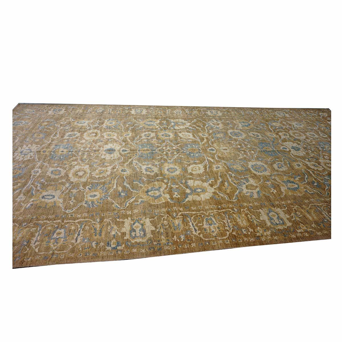Annodato a mano Area Persiana Sultanabad in Lana 10 x 20 Taupe, Avorio e Azzurro fatta a mano (a) Gallery in vendita