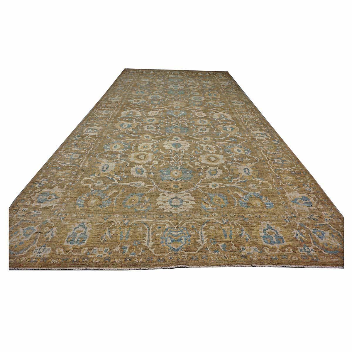 Gallery Sized Persian Sultanabad Rug 10 x 20 light brown & Light Blue In Excellent Condition For Sale In Houston, TX
