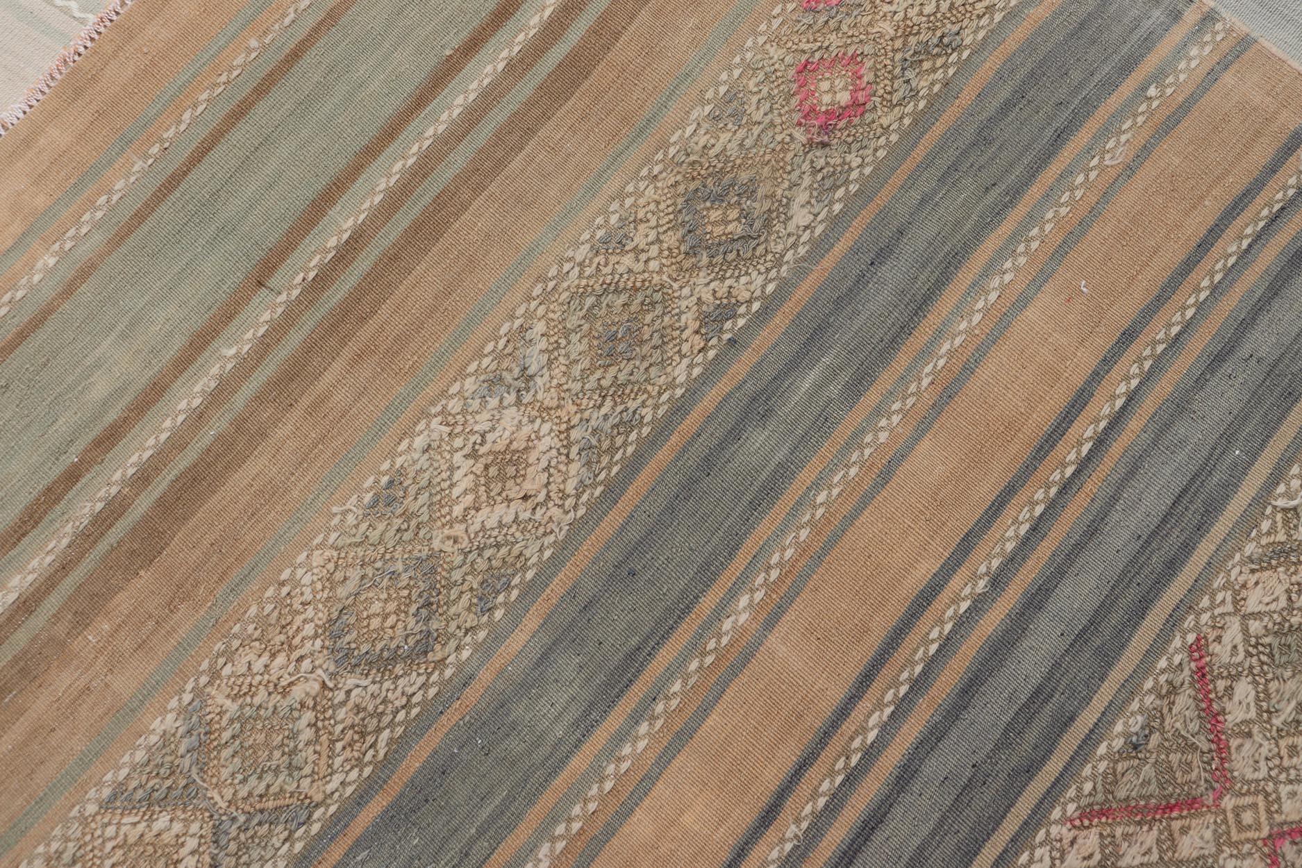 Gallery Vintage Turkish Flat-Weave Kilim with Embroideries in Earthy Tones 6